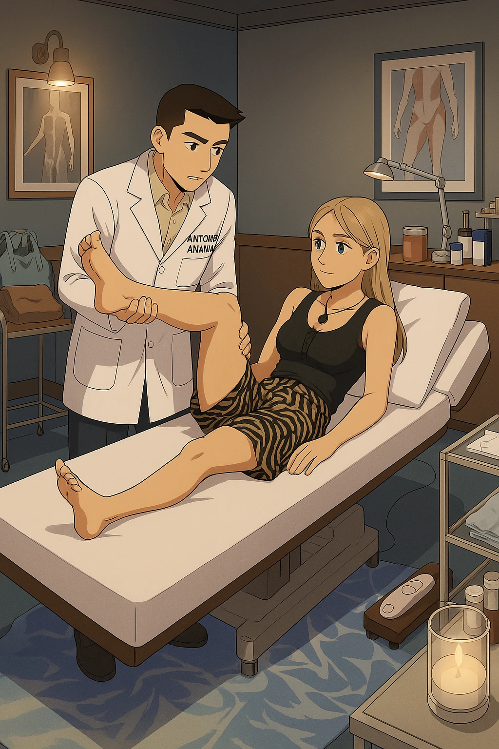 fai un webtoon/manga a colori con questo kinesiologo in camice bianco (fagli la scritta "ANTONIO ANANIA" SUL CAMICE) CHE SVOLGE UN TEST NEUROMUSCOLARE SOLLEVANDO UNA GAMBA ALLA RAGAZZA CHE è STESA SU UN LETTINO BIANCO. STANZA SEMPLICE E MODERNA, DURANTE IL TEST I DUE DIALOGANO TRA LORO. NON FARE I FUMETTI, FAI SOLO LORO COME SE DIALOGASSERO emoji