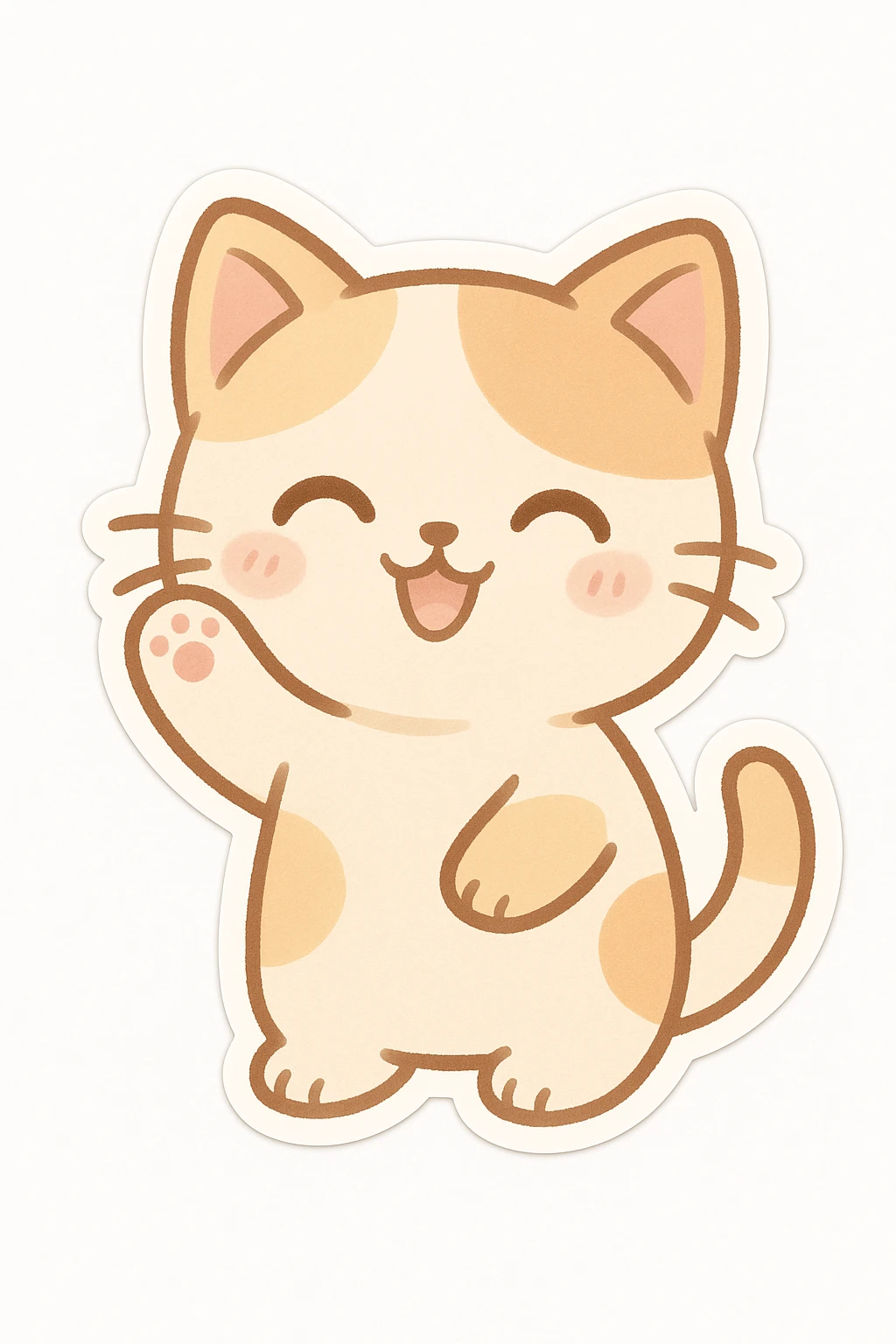 chibi sticker of a happy cat waving, pastel colors, cute expression, white background emoji