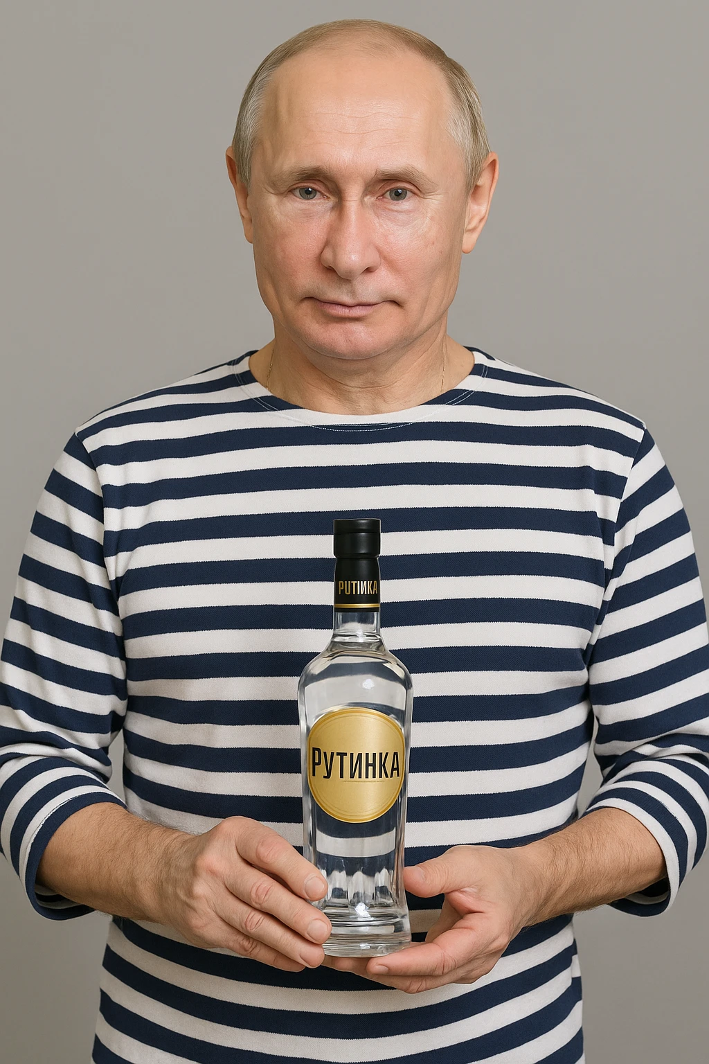 Сгенерируй мне как владимир путин в тельняжке держит эту водку, и на ней прям написанно только Путинка, другой текст убери. Путин полностью помещается в кадре, бутылка целиком и чётко видна в его руках, не обрезана краями изображения. На этикетке только слово «Путинка», без другого текста emoji