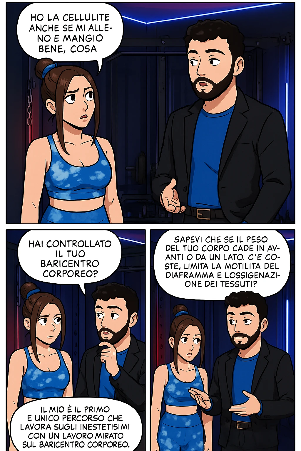 TRASFORMA QUESTO CAROSELLO IN UN FUMETTO STILE WEBTOON/MANGA A COLORI CON QUESTE DUE PERSONE IDENTICHE CHE INTERLOQUISCONO TRA LORO:

LEI: Ho la cellulite anche se mi alleno e mangio bene, cosa posso fare?

LUI: Hai controllato il tuo baricentro corporeo?
LUI: Sapevi che se il peso del tuo corpo cade in avanti o da un lato, c’è un disallineamento fra bacino e torace, che comprimendo le coste, limita la motilità del diaframma e l’ossigenazione dei tessuti?
LUI: Il mio è il primo e unico percorso che lavora sugli inestetismi con un lavoro mirato sul baricentro corporeo. emoji