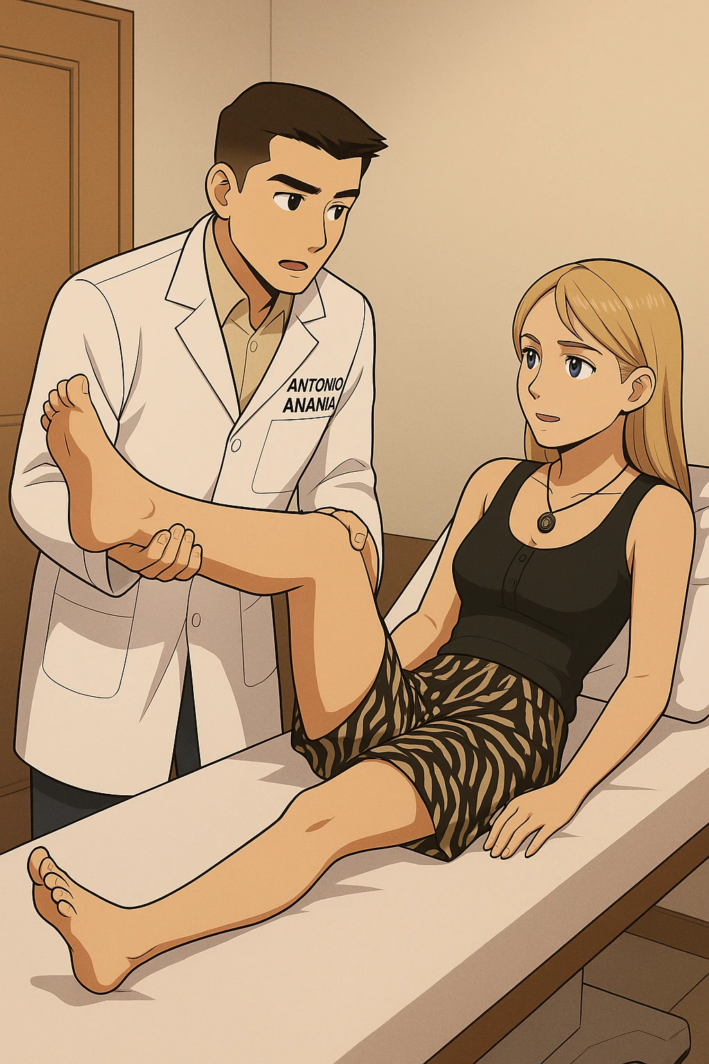 fai un webtoon/manga a colori con questo kinesiologo in camice bianco (fagli la scritta "ANTONIO ANANIA" SUL CAMICE) CHE SVOLGE UN TEST NEUROMUSCOLARE SOLLEVANDO UNA GAMBA ALLA RAGAZZA CHE è STESA SU UN LETTINO BIANCO. STANZA SEMPLICE E MODERNA, DURANTE IL TEST I DUE DIALOGANO TRA LORO. NON FARE I FUMETTI, FAI SOLO LORO COME SE DIALOGASSERO emoji