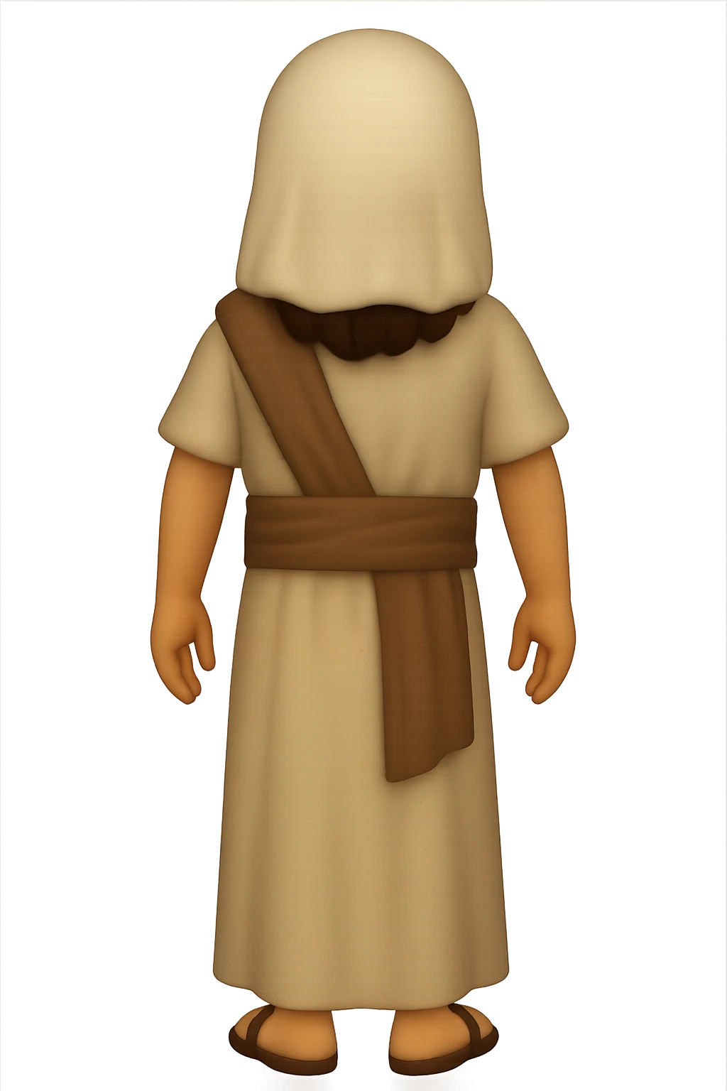 Create a back view, centered full body image of Apostle Peter in classic emoji style. He is facing away, smiling, wearing the same clothing as the reference image: a robe with a brown sash and head covering, with long sleeves. No background. The style should mimic classic emoji style. emoji