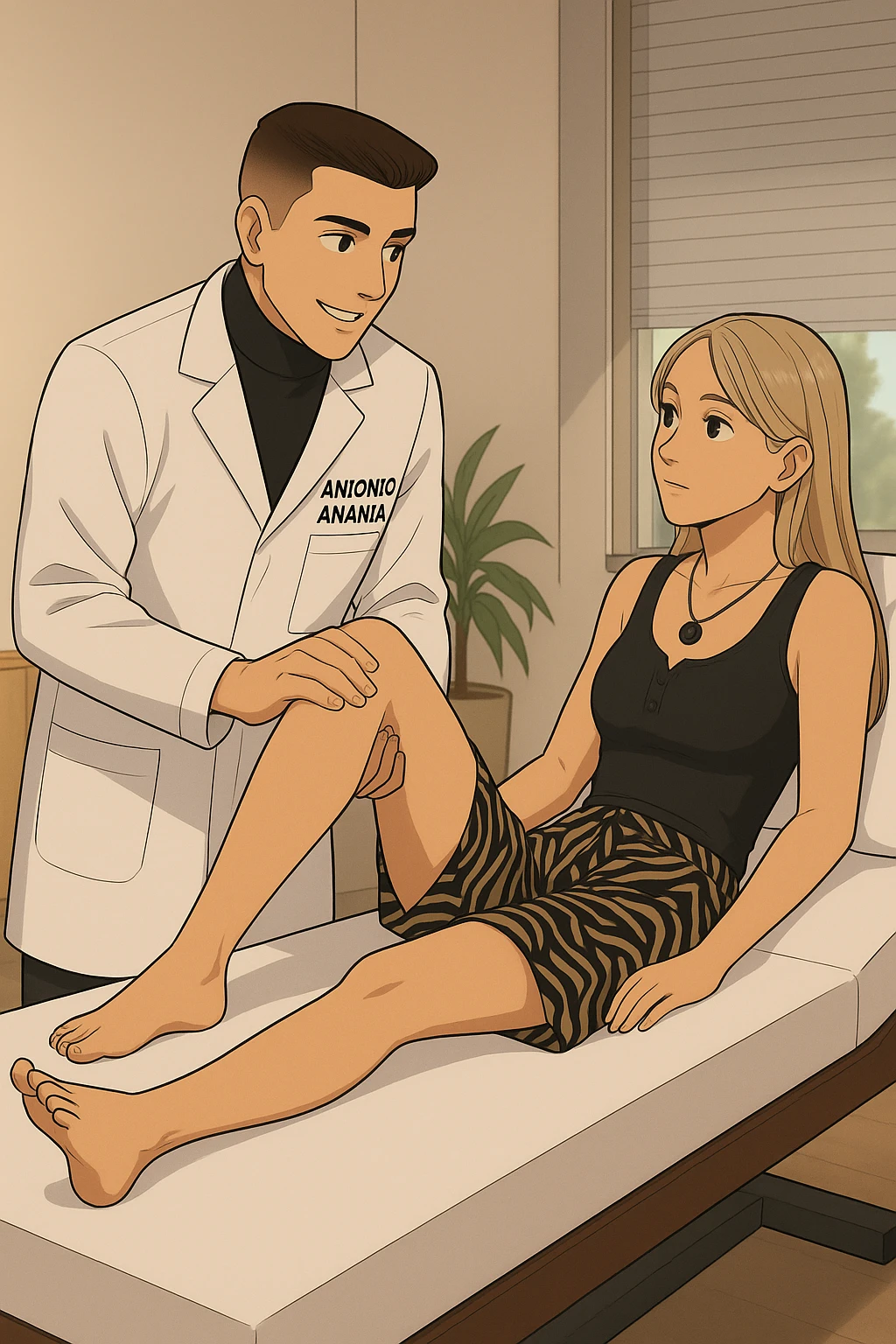 fai un webtoon/manga a colori con questo kinesiologo in camice bianco (fagli la scritta "ANTONIO ANANIA" SUL CAMICE) CHE SVOLGE UN TEST NEUROMUSCOLARE SOLLEVANDO UNA GAMBA ALLA RAGAZZA CHE è STESA SU UN LETTINO BIANCO. STANZA SEMPLICE E MODERNA, DURANTE IL TEST I DUE DIALOGANO TRA LORO. NON FARE I FUMETTI, FAI SOLO LORO COME SE DIALOGASSERO emoji