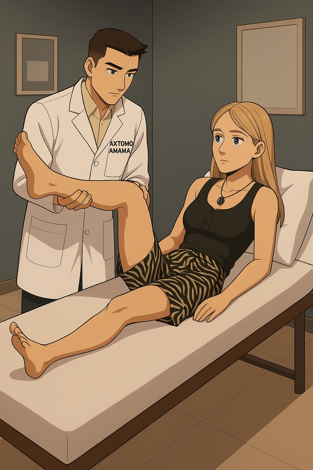 fai un webtoon/manga a colori con questo kinesiologo in camice bianco (fagli la scritta "ANTONIO ANANIA" SUL CAMICE) CHE SVOLGE UN TEST NEUROMUSCOLARE SOLLEVANDO UNA GAMBA ALLA RAGAZZA CHE è STESA SU UN LETTINO BIANCO. STANZA SEMPLICE E MODERNA, DURANTE IL TEST I DUE DIALOGANO TRA LORO. NON FARE I FUMETTI, FAI SOLO LORO COME SE DIALOGASSERO emoji