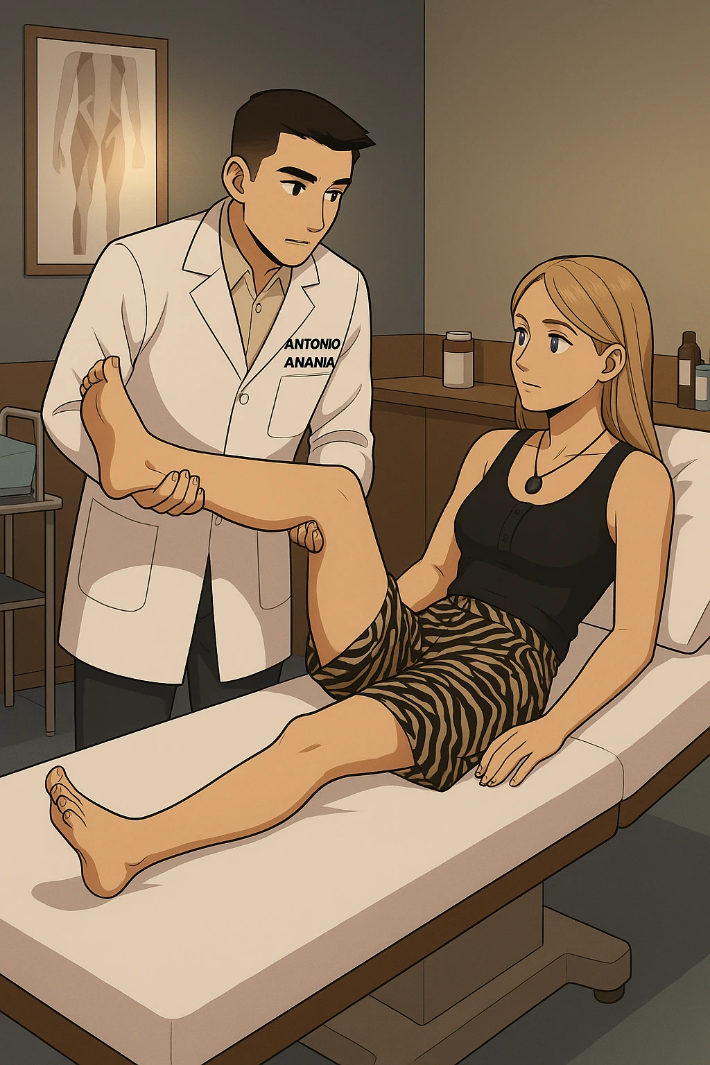 fai un webtoon/manga a colori con questo kinesiologo in camice bianco (fagli la scritta "ANTONIO ANANIA" SUL CAMICE) CHE SVOLGE UN TEST NEUROMUSCOLARE SOLLEVANDO UNA GAMBA ALLA RAGAZZA CHE è STESA SU UN LETTINO BIANCO. STANZA SEMPLICE E MODERNA, DURANTE IL TEST I DUE DIALOGANO TRA LORO. NON FARE I FUMETTI, FAI SOLO LORO COME SE DIALOGASSERO emoji
