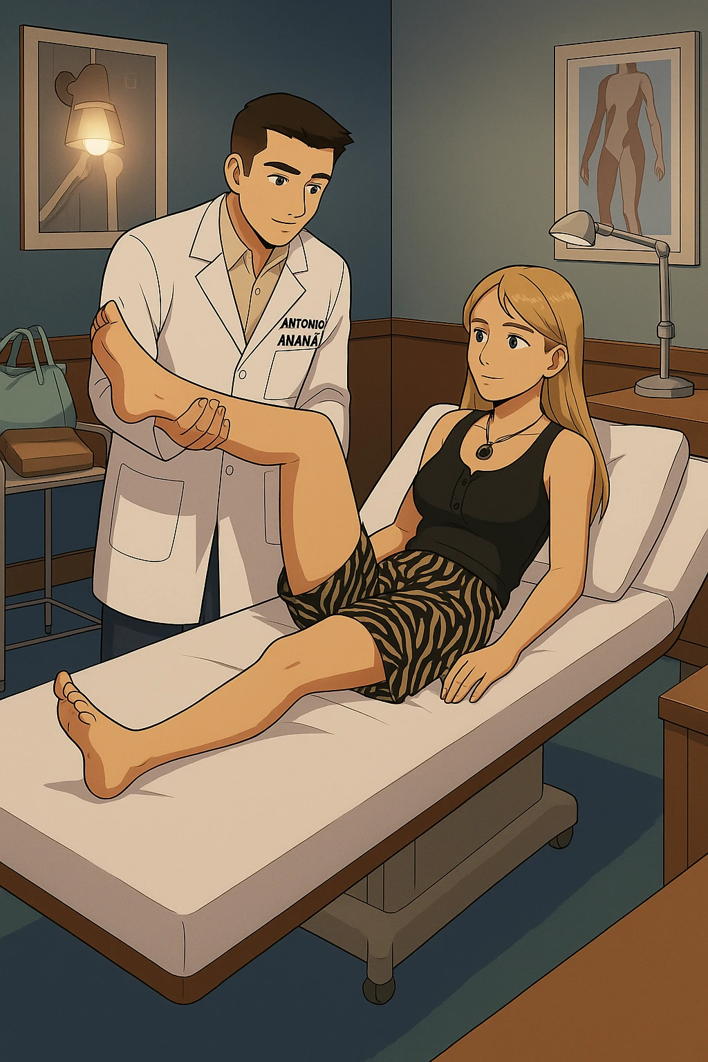 fai un webtoon/manga a colori con questo kinesiologo in camice bianco (fagli la scritta "ANTONIO ANANIA" SUL CAMICE) CHE SVOLGE UN TEST NEUROMUSCOLARE SOLLEVANDO UNA GAMBA ALLA RAGAZZA CHE è STESA SU UN LETTINO BIANCO. STANZA SEMPLICE E MODERNA, DURANTE IL TEST I DUE DIALOGANO TRA LORO. NON FARE I FUMETTI, FAI SOLO LORO COME SE DIALOGASSERO emoji