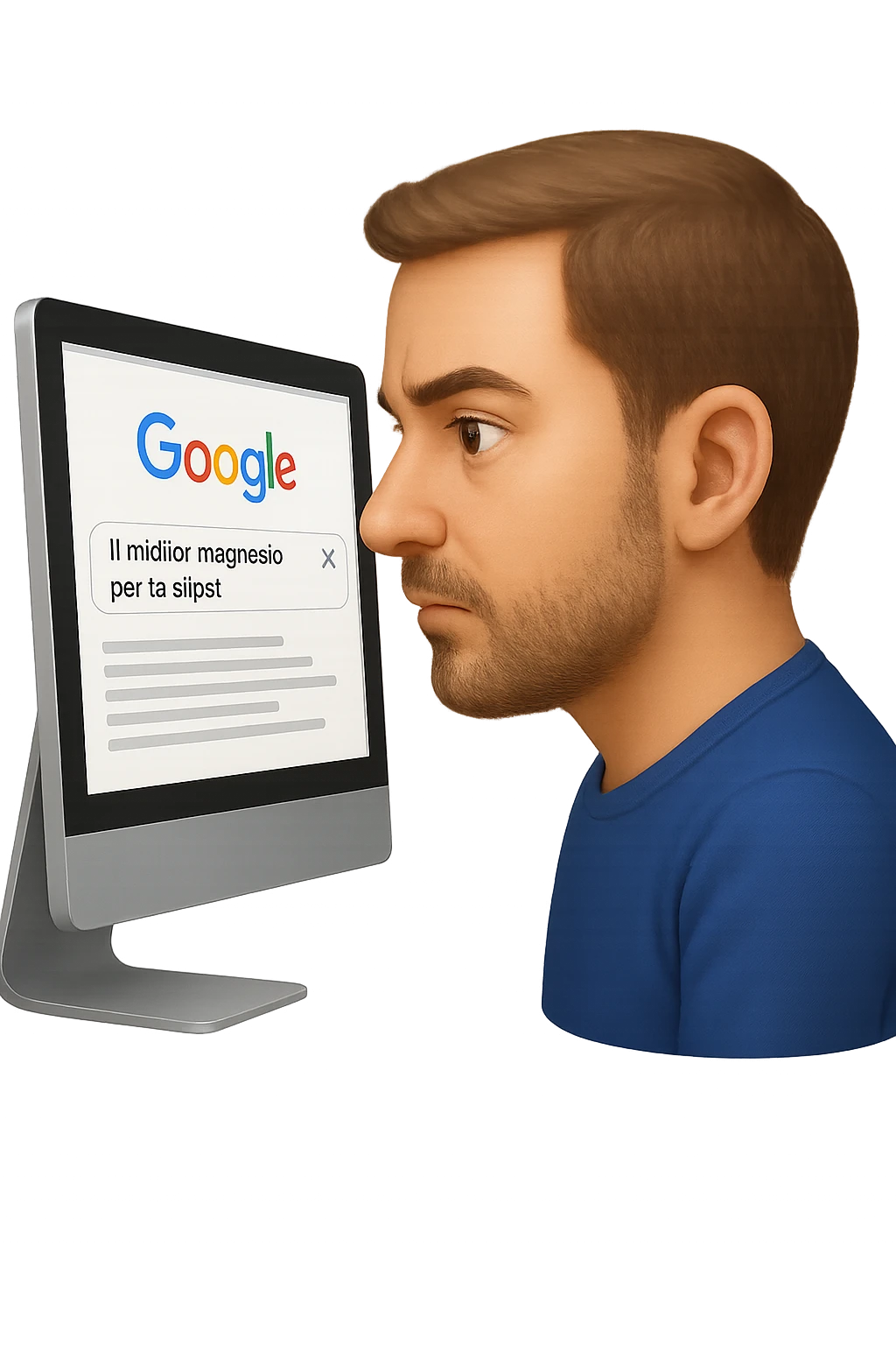 emoji stile iphone di un uomo davanti al pc che cerca di google: "Il miglior magnesio per la stipsi", iperrealistico 4k emoji