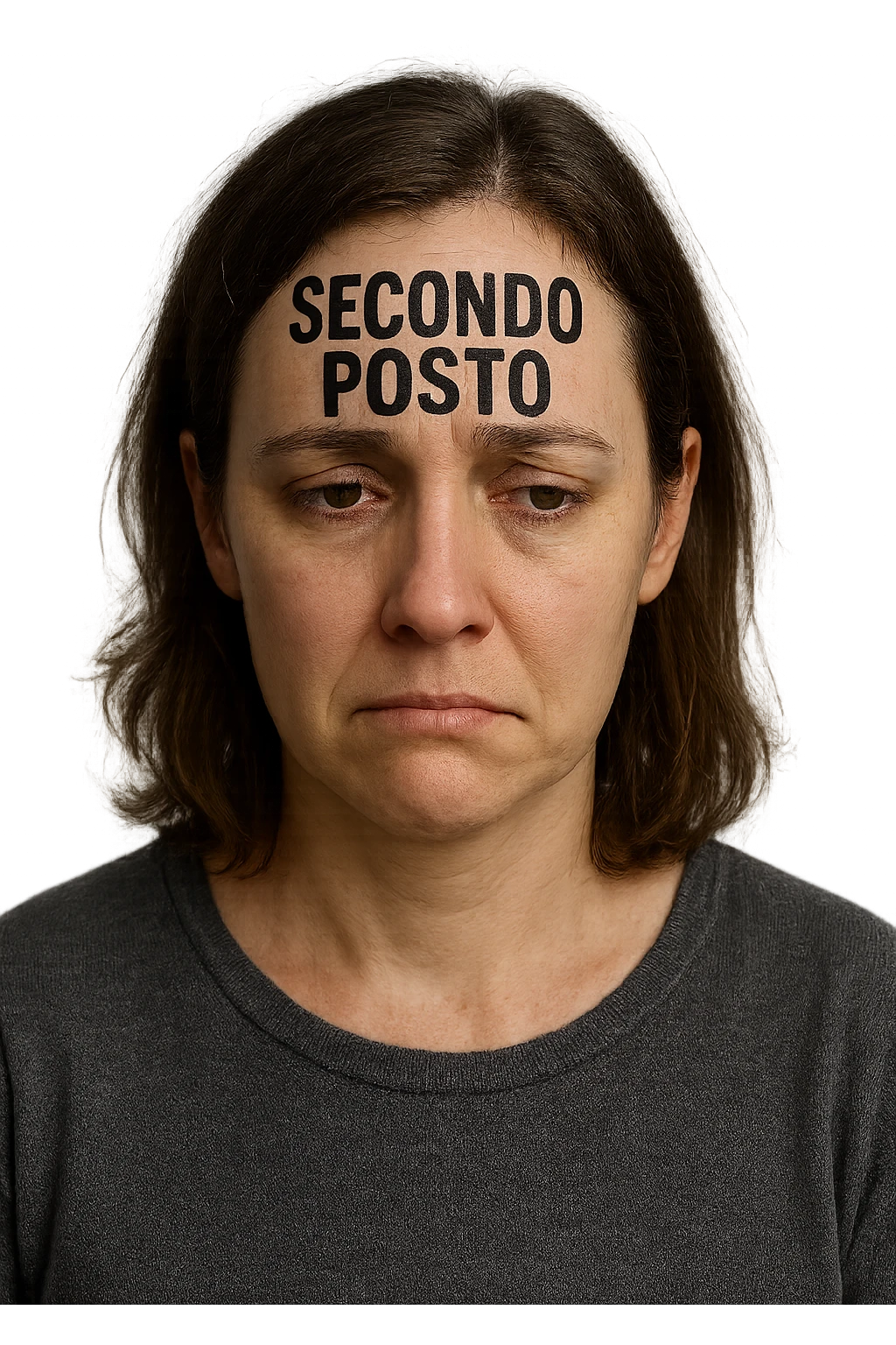 DONNA CON LA SCRITTA "SECONDO POSTO" SULLA TESTA, LEI HA L'ESPRESSIONE TRISTE, COME SE FOSSE SEMPRE SECONDA NELLA VITA, iperrealistico 4k emoji