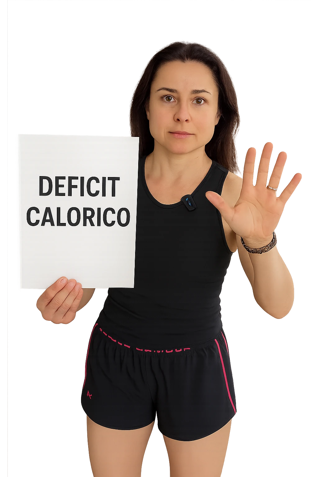 Donna con in mano una dieta con scritto "Deficit Calorico" emoji