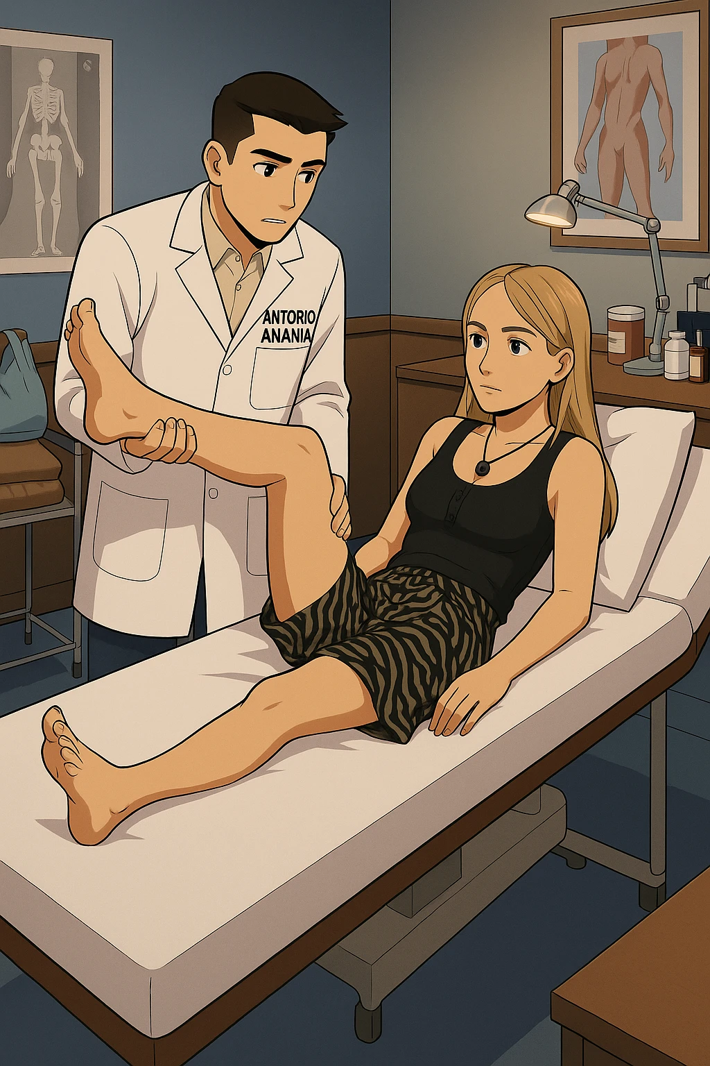 fai un webtoon/manga a colori con questo kinesiologo in camice bianco (fagli la scritta "ANTONIO ANANIA" SUL CAMICE) CHE SVOLGE UN TEST NEUROMUSCOLARE SOLLEVANDO UNA GAMBA ALLA RAGAZZA CHE è STESA SU UN LETTINO BIANCO. STANZA SEMPLICE E MODERNA, DURANTE IL TEST I DUE DIALOGANO TRA LORO. NON FARE I FUMETTI, FAI SOLO LORO COME SE DIALOGASSERO emoji