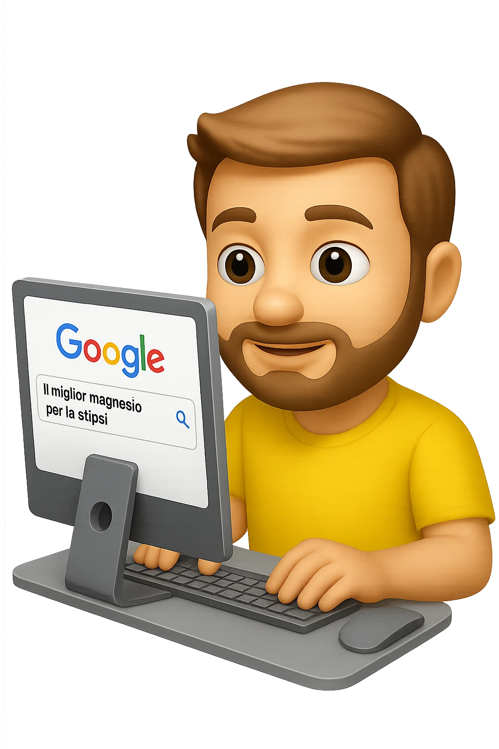 emoji stile iphone di un uomo davanti al pc che cerca di google: "Il miglior magnesio per la stipsi", iperrealistico 4k emoji