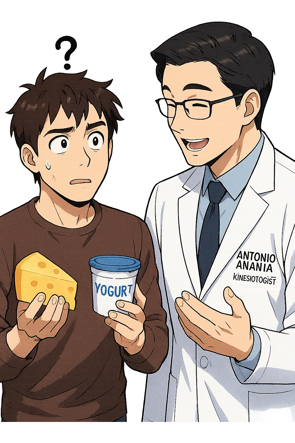 fai un webtoon manga a colori con questo stile, in cui un uomo fa una domanda al kinesiologo con il camice bianco (fagli anche la scritta "ANTONIO ANANIA" SUL CAMICE, l'uomo chiede una cosa mostrando un formaggio e uno yogurt al kinesiologo con il camice, IL KINESIOLOGO annuisce e SPIEGA ALL'UOMO UNA cos. L'UOMO ha un ESPRESSIONE CONFUSA IN VOLTO. non fare i fumetti però, fai solo in modo che sembri stiano parlando emoji