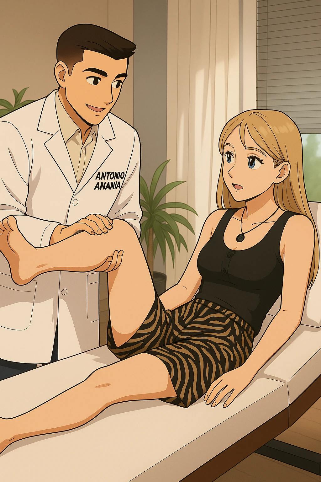 fai un webtoon/manga a colori con questo kinesiologo in camice bianco (fagli la scritta "ANTONIO ANANIA" SUL CAMICE) CHE SVOLGE UN TEST NEUROMUSCOLARE SOLLEVANDO UNA GAMBA ALLA RAGAZZA CHE è STESA SU UN LETTINO BIANCO. STANZA SEMPLICE E MODERNA, DURANTE IL TEST I DUE DIALOGANO TRA LORO. NON FARE I FUMETTI, FAI SOLO LORO COME SE DIALOGASSERO emoji