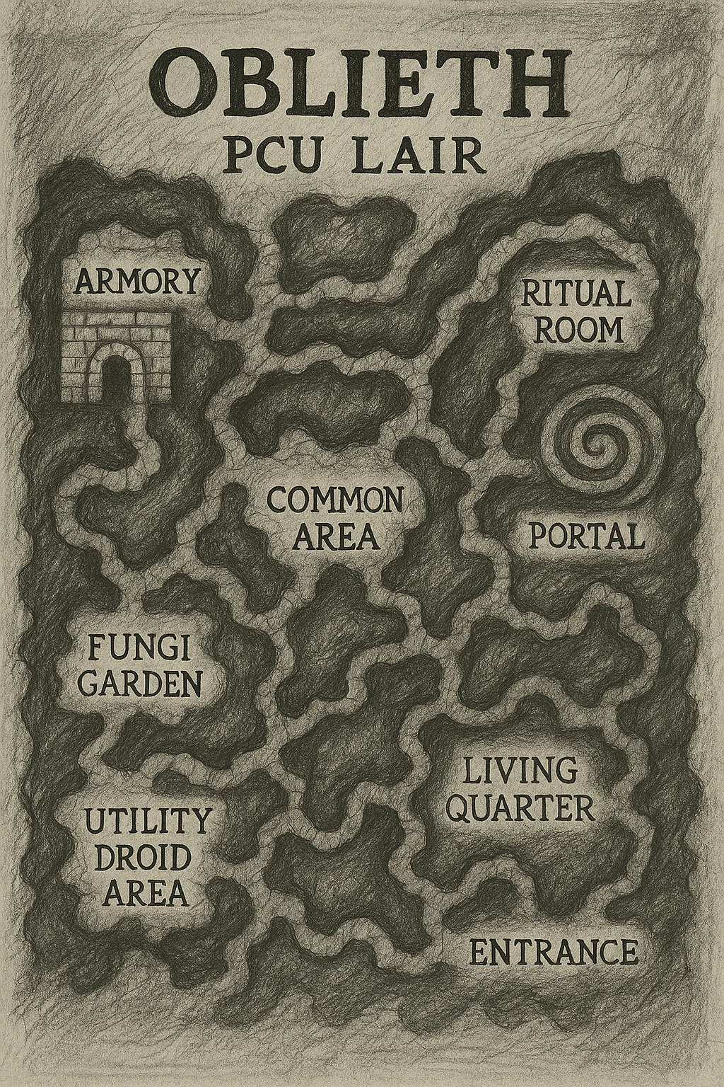 a hand drawn map of how to navigate the Oblieth cave system to find the PCU Lair emoji