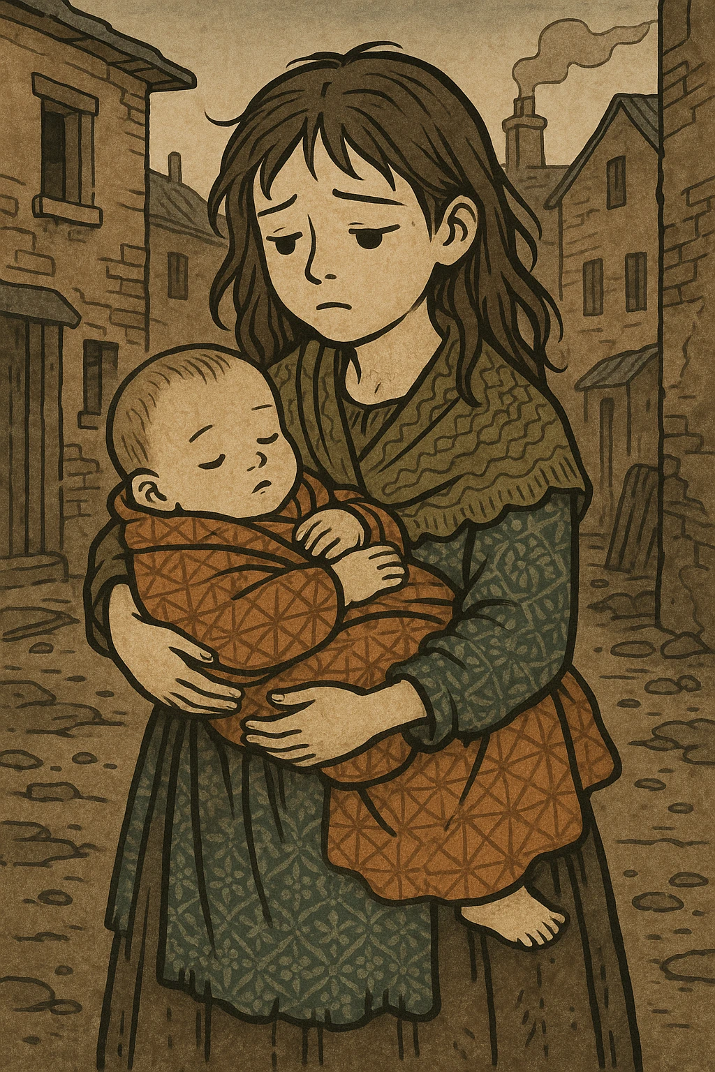 A poor victorian girl from the slums holding her baby brother emoji