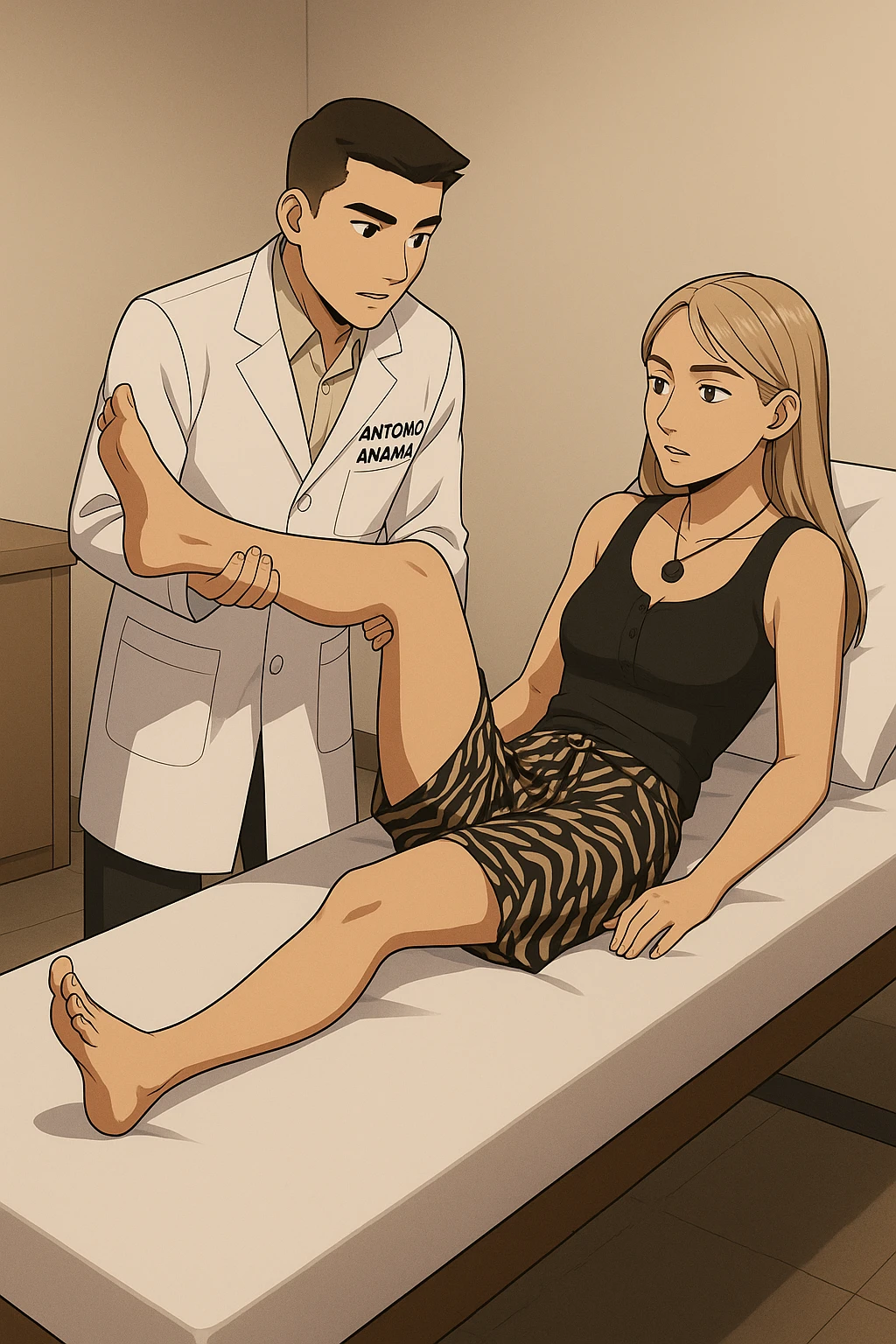 fai un webtoon/manga a colori con questo kinesiologo in camice bianco (fagli la scritta "ANTONIO ANANIA" SUL CAMICE) CHE SVOLGE UN TEST NEUROMUSCOLARE SOLLEVANDO UNA GAMBA ALLA RAGAZZA CHE è STESA SU UN LETTINO BIANCO. STANZA SEMPLICE E MODERNA, DURANTE IL TEST I DUE DIALOGANO TRA LORO. NON FARE I FUMETTI, FAI SOLO LORO COME SE DIALOGASSERO emoji