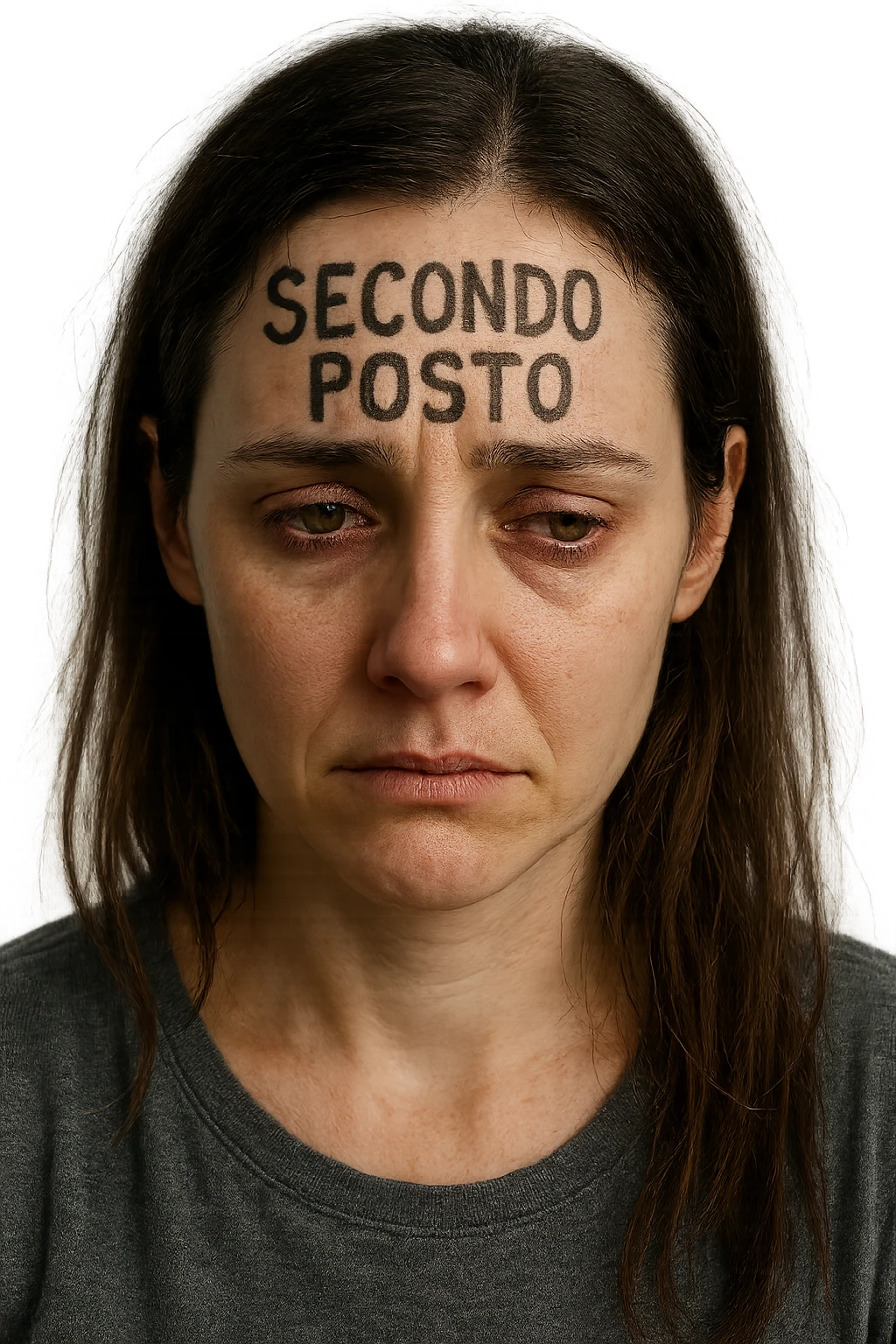 DONNA CON LA SCRITTA "SECONDO POSTO" SULLA TESTA, LEI HA L'ESPRESSIONE TRISTE, COME SE FOSSE SEMPRE SECONDA NELLA VITA, iperrealistico 4k emoji