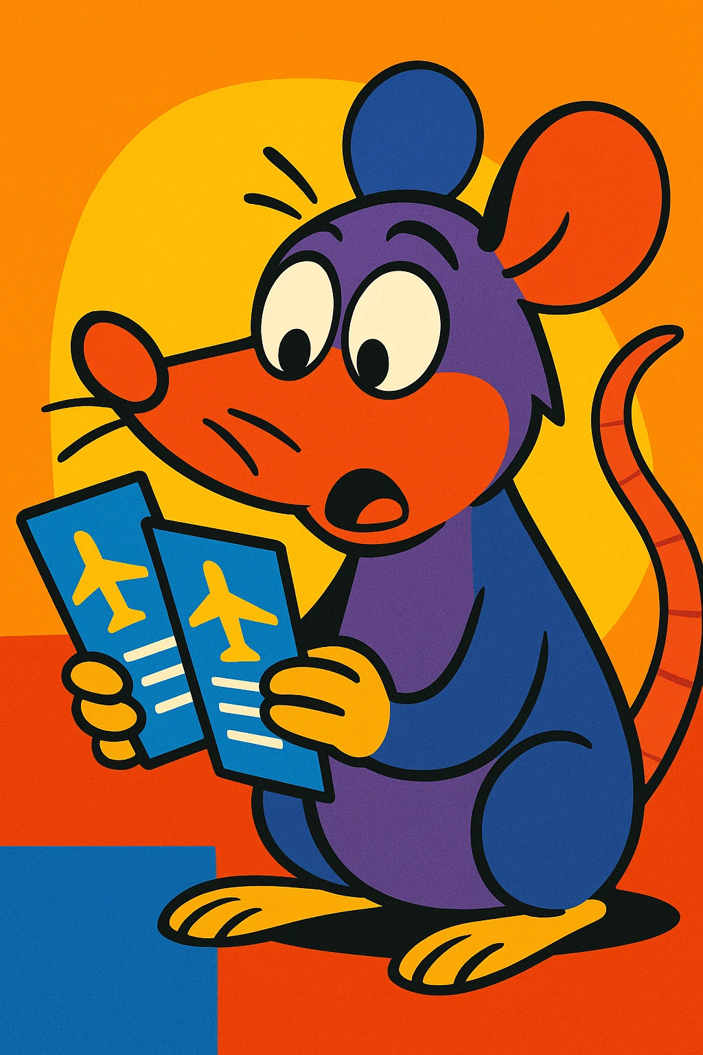 a cartoon style rat searching for airplane tickets emoji