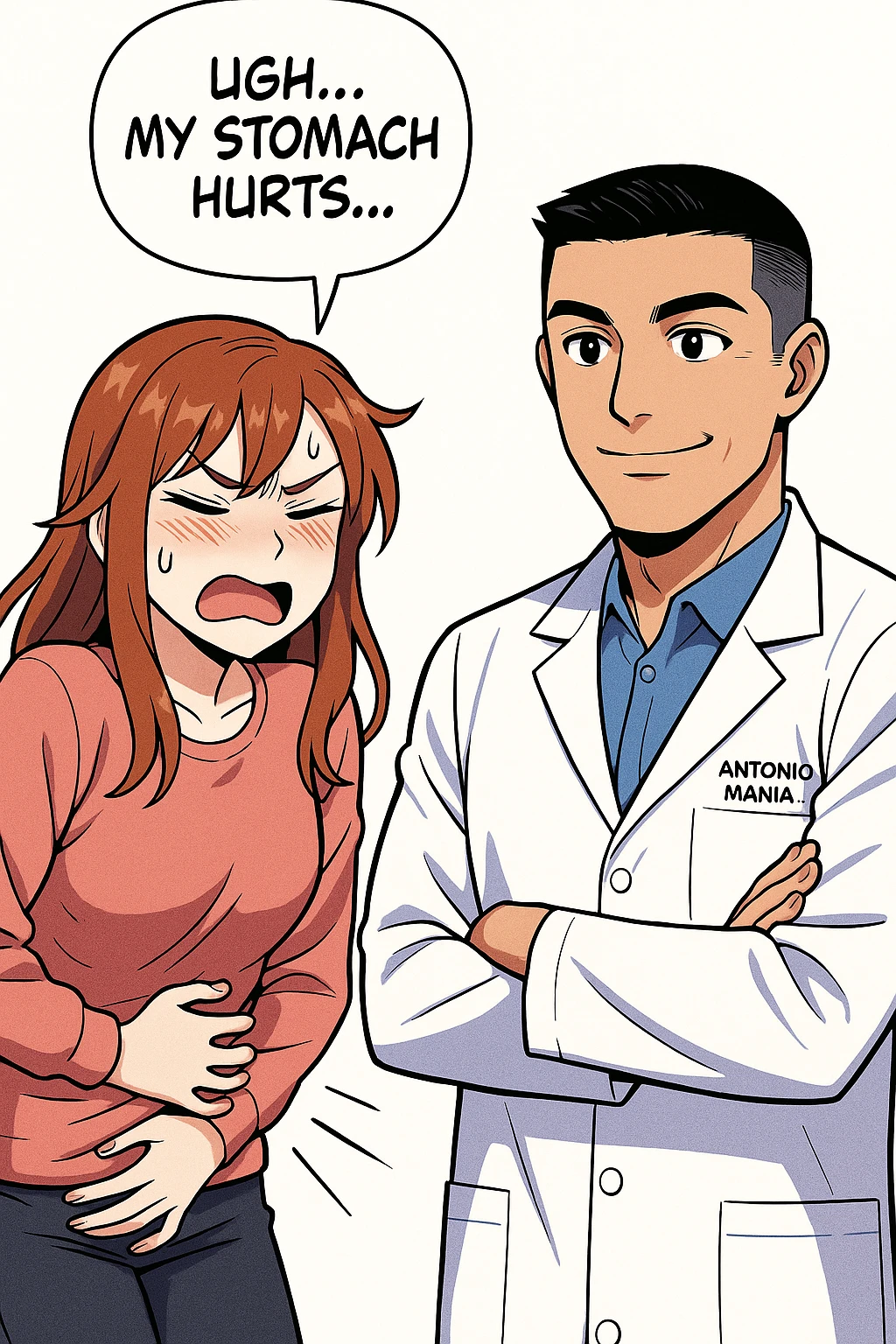 su questo stile fai un manga/webtoon a colori in cui una donna si lamenta che sta male e ha mal di pancia, l'uomo della foto in stile manga gli risponde, ISOLATO SU SFONDO BIANCO emoji
