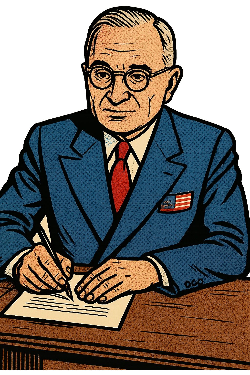 President Truman wearing a blue suit with a large US flag badge sitting down at a desk writing a letter emoji