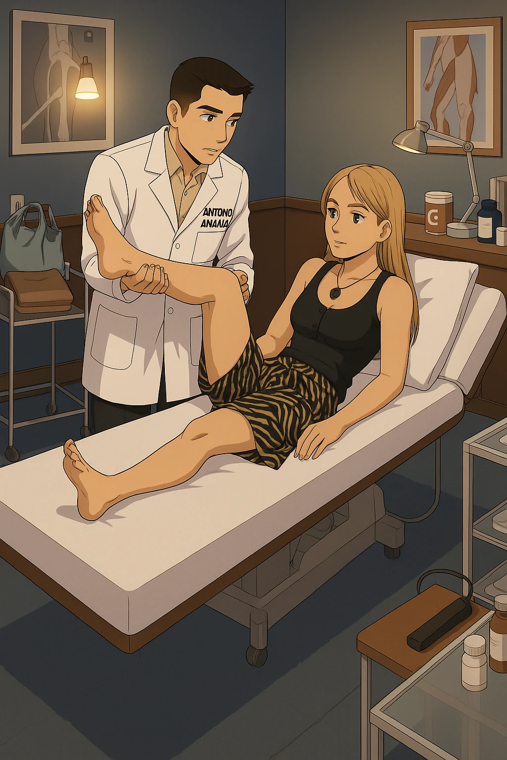 fai un webtoon/manga a colori con questo kinesiologo in camice bianco (fagli la scritta "ANTONIO ANANIA" SUL CAMICE) CHE SVOLGE UN TEST NEUROMUSCOLARE SOLLEVANDO UNA GAMBA ALLA RAGAZZA CHE è STESA SU UN LETTINO BIANCO. STANZA SEMPLICE E MODERNA, DURANTE IL TEST I DUE DIALOGANO TRA LORO. NON FARE I FUMETTI, FAI SOLO LORO COME SE DIALOGASSERO emoji