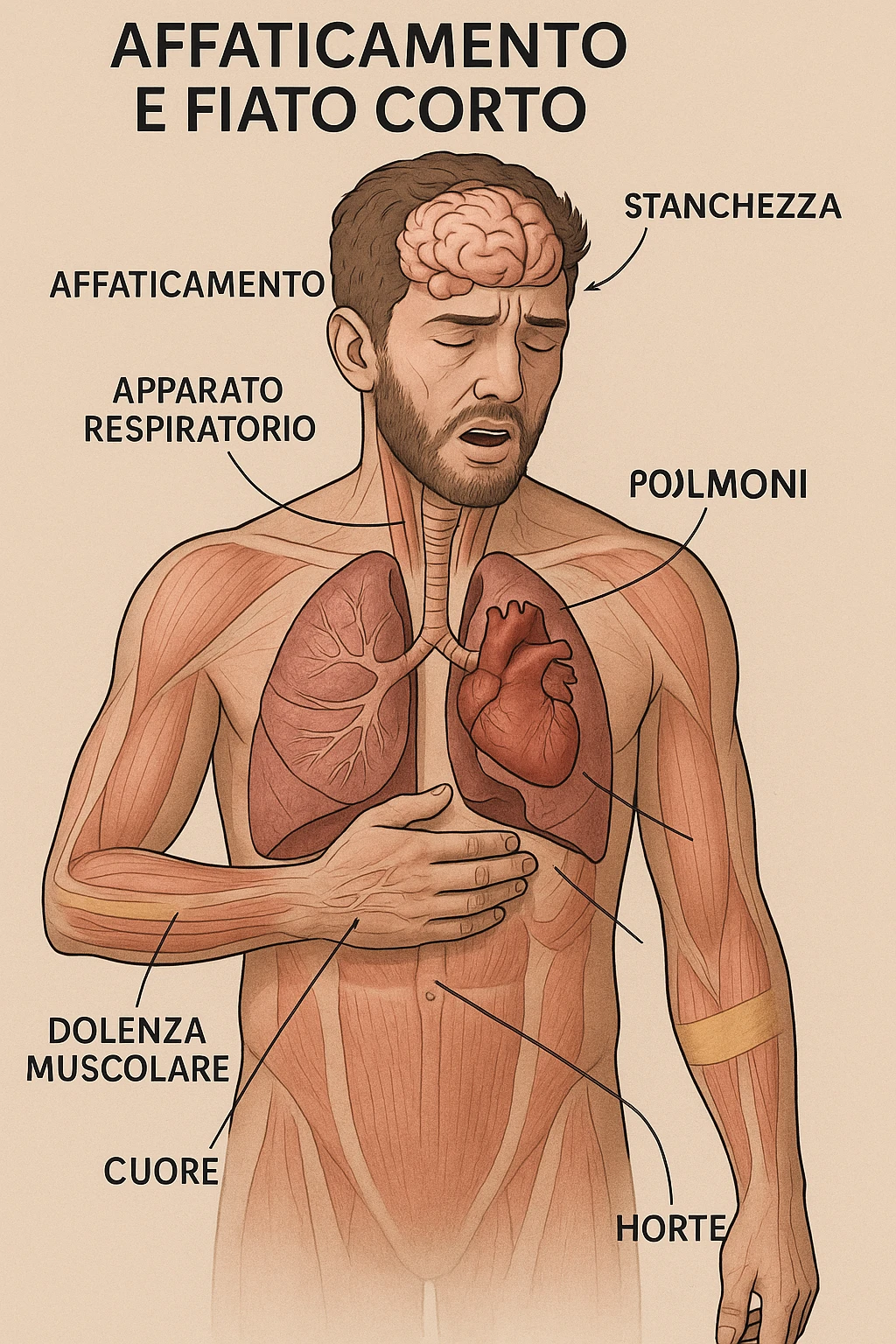 Uomo con stanchezza e respiro corto vista anatomica immagine realistica in 3D in italiano emoji