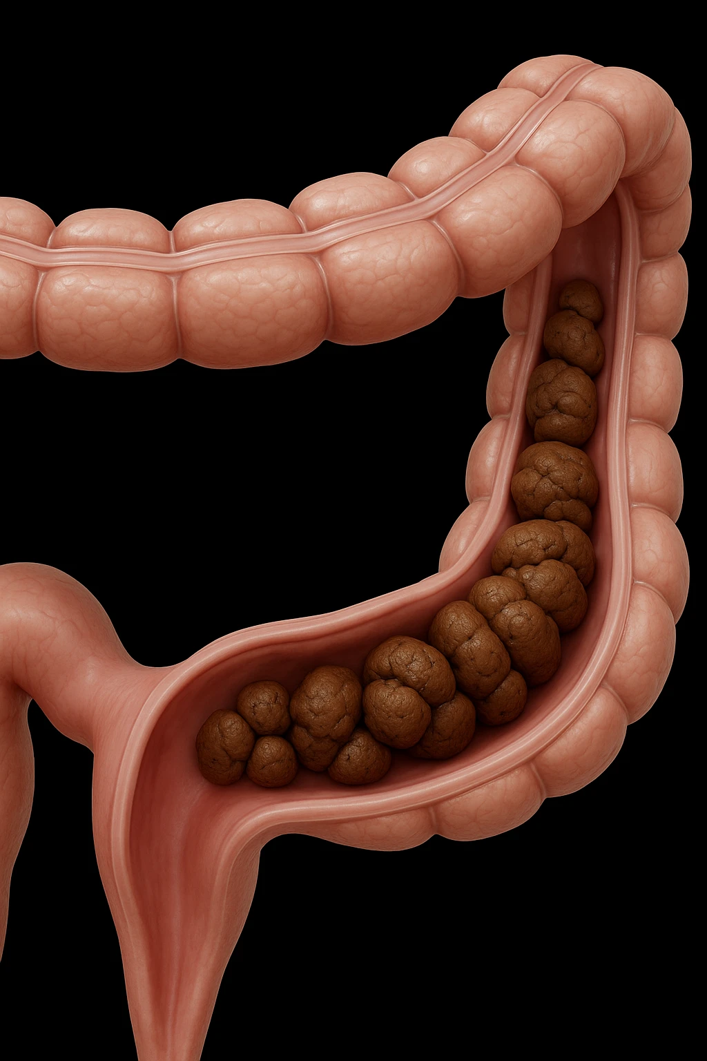 colon umano anatomico con feci a pallini all'interno, stipsi, iperrealistico 4k emoji