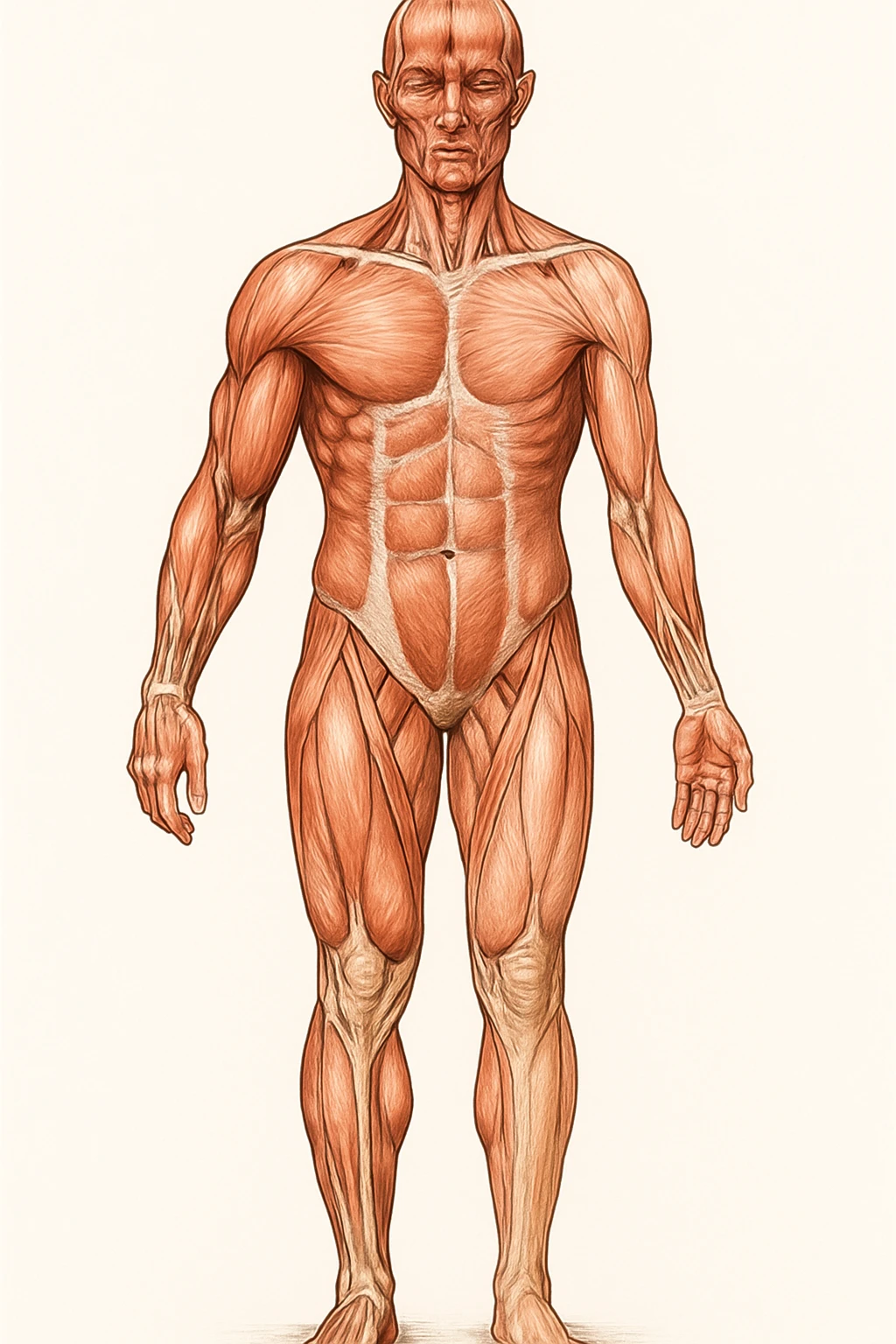 Anatomical style illustration showing a human body with muscles less ...
