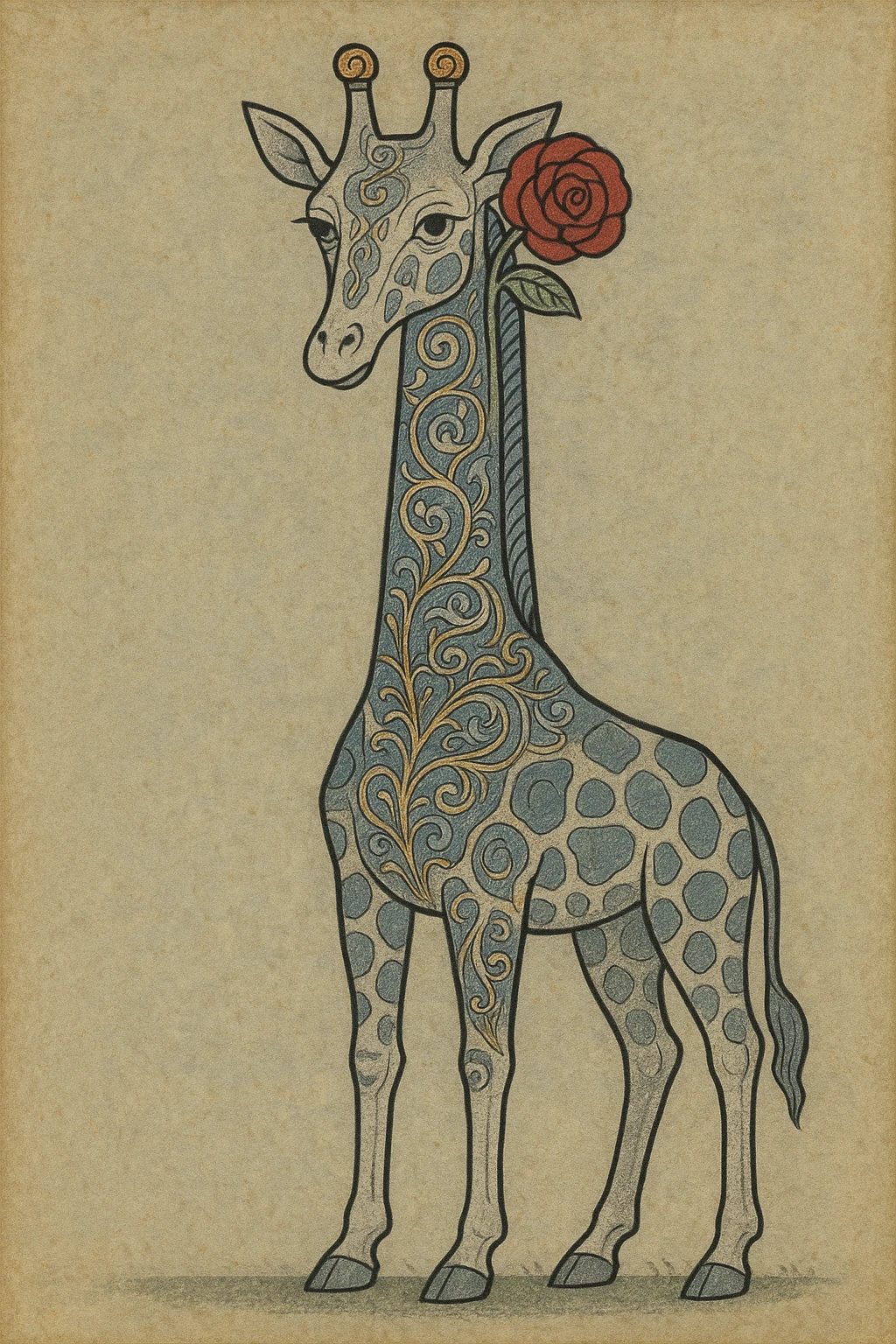 giraffe with a red rose behind her ear, painted in a classic, realistic art style emoji