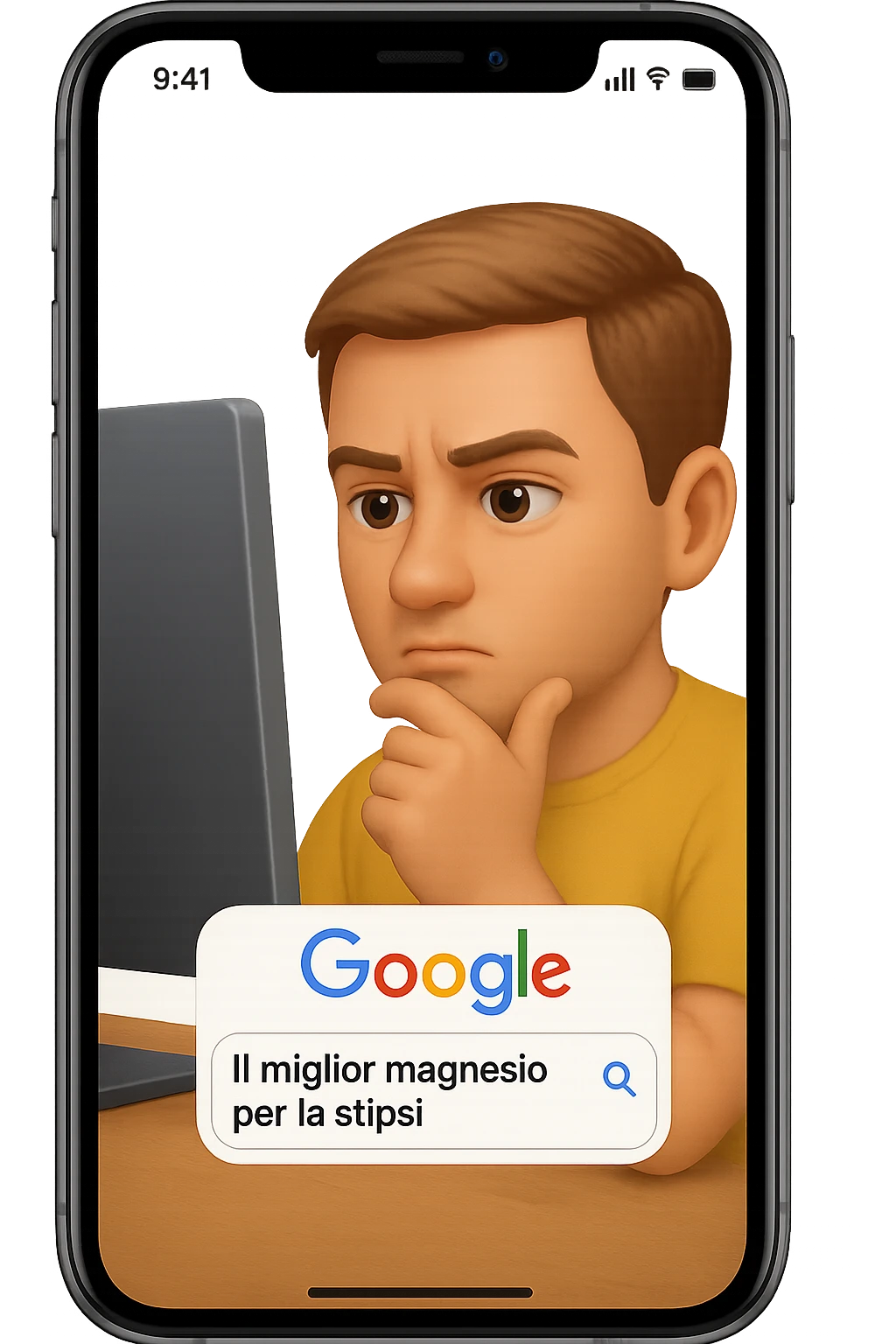emoji stile iphone di un uomo davanti al pc che cerca di google: "Il miglior magnesio per la stipsi", iperrealistico 4k emoji