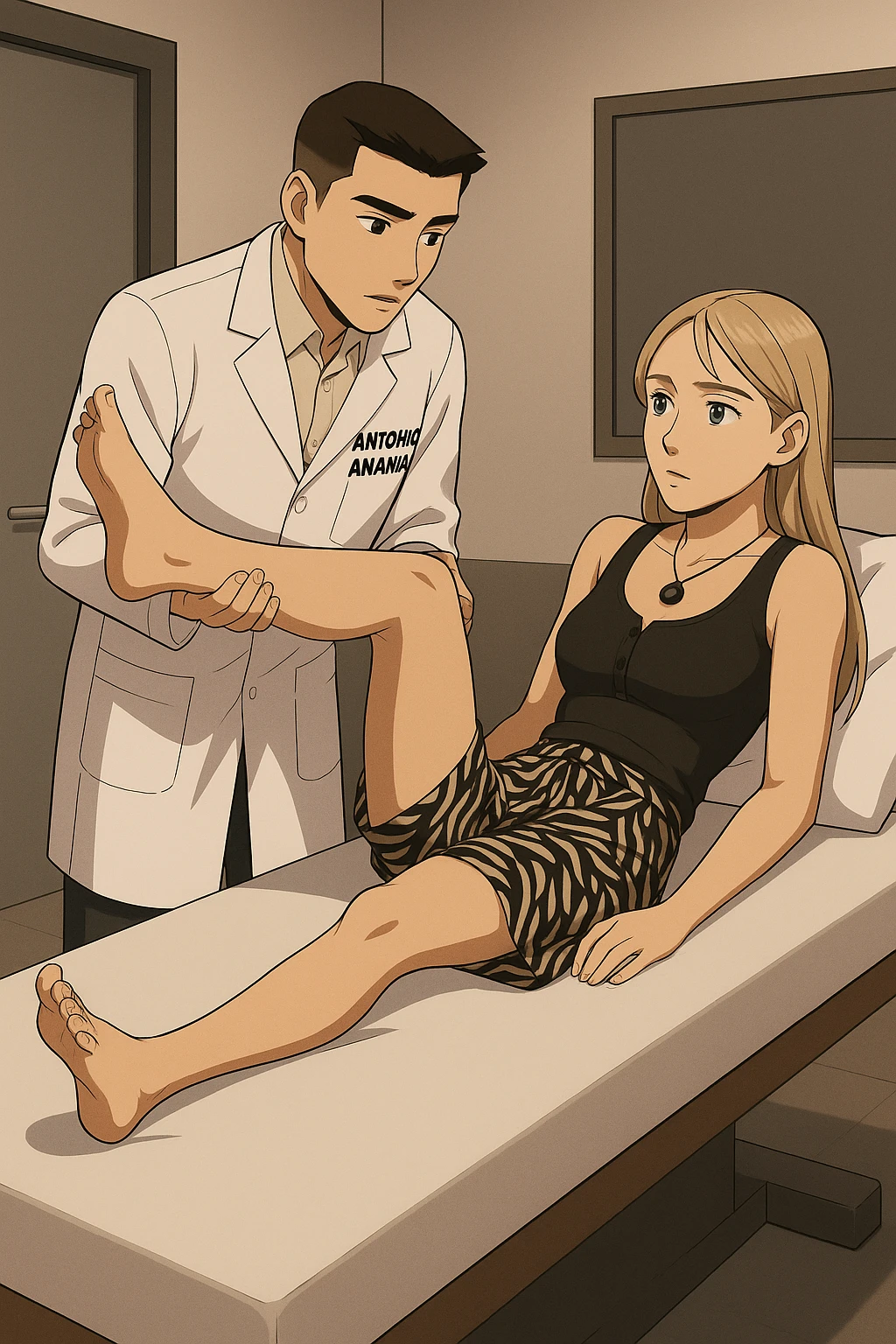 fai un webtoon/manga a colori con questo kinesiologo in camice bianco (fagli la scritta "ANTONIO ANANIA" SUL CAMICE) CHE SVOLGE UN TEST NEUROMUSCOLARE SOLLEVANDO UNA GAMBA ALLA RAGAZZA CHE è STESA SU UN LETTINO BIANCO. STANZA SEMPLICE E MODERNA, DURANTE IL TEST I DUE DIALOGANO TRA LORO. NON FARE I FUMETTI, FAI SOLO LORO COME SE DIALOGASSERO emoji