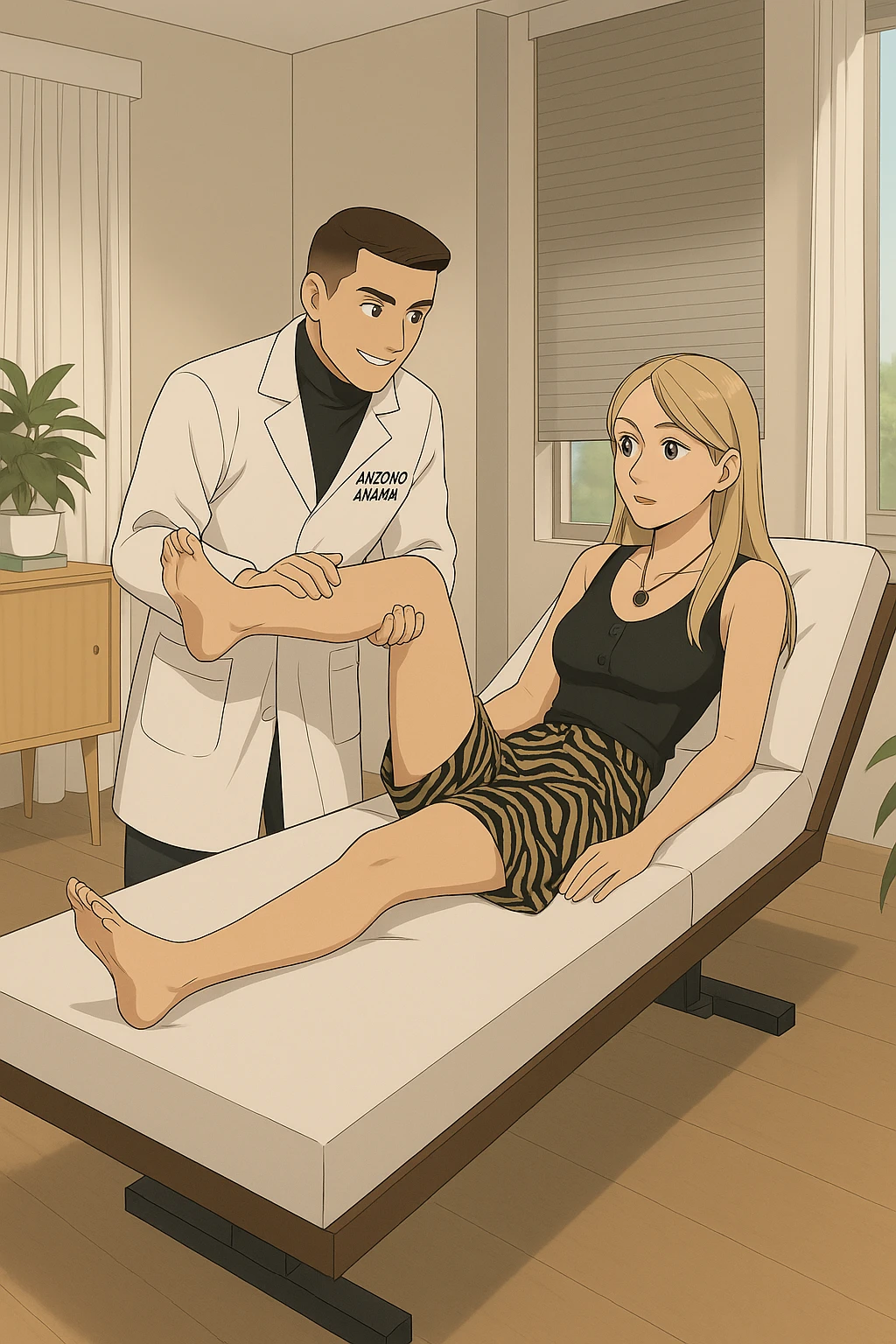 fai un webtoon/manga a colori con questo kinesiologo in camice bianco (fagli la scritta "ANTONIO ANANIA" SUL CAMICE) CHE SVOLGE UN TEST NEUROMUSCOLARE SOLLEVANDO UNA GAMBA ALLA RAGAZZA CHE è STESA SU UN LETTINO BIANCO. STANZA SEMPLICE E MODERNA, DURANTE IL TEST I DUE DIALOGANO TRA LORO. NON FARE I FUMETTI, FAI SOLO LORO COME SE DIALOGASSERO emoji