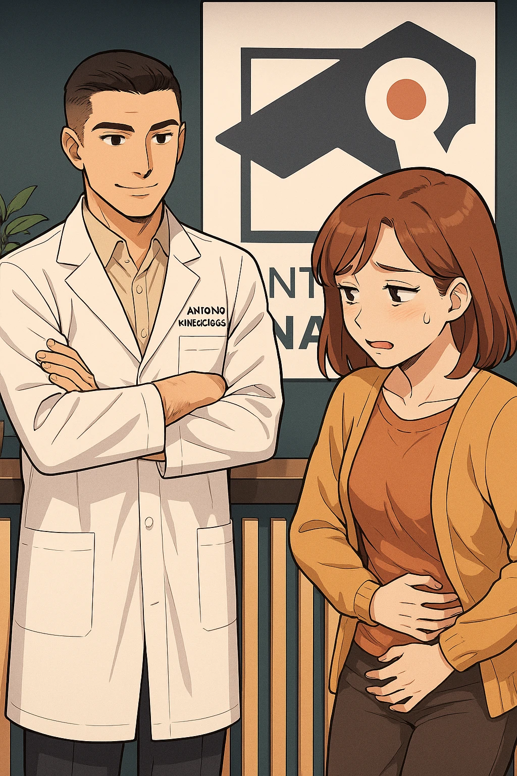 su questo stile fai un manga/webtoon a colori in cui una donna si lamenta che sta male e ha mal di pancia, l'uomo della foto in stile manga gli risponde, mantieni un ambiente simile alla foto che ho allegato con il suo logo (sarebbe il suo studio, lui è un kinesiologo), non mettere fumetti, ma fai in modo che sembri che la donna chiede una cosa e l'uomo risponde alla sua domanda emoji