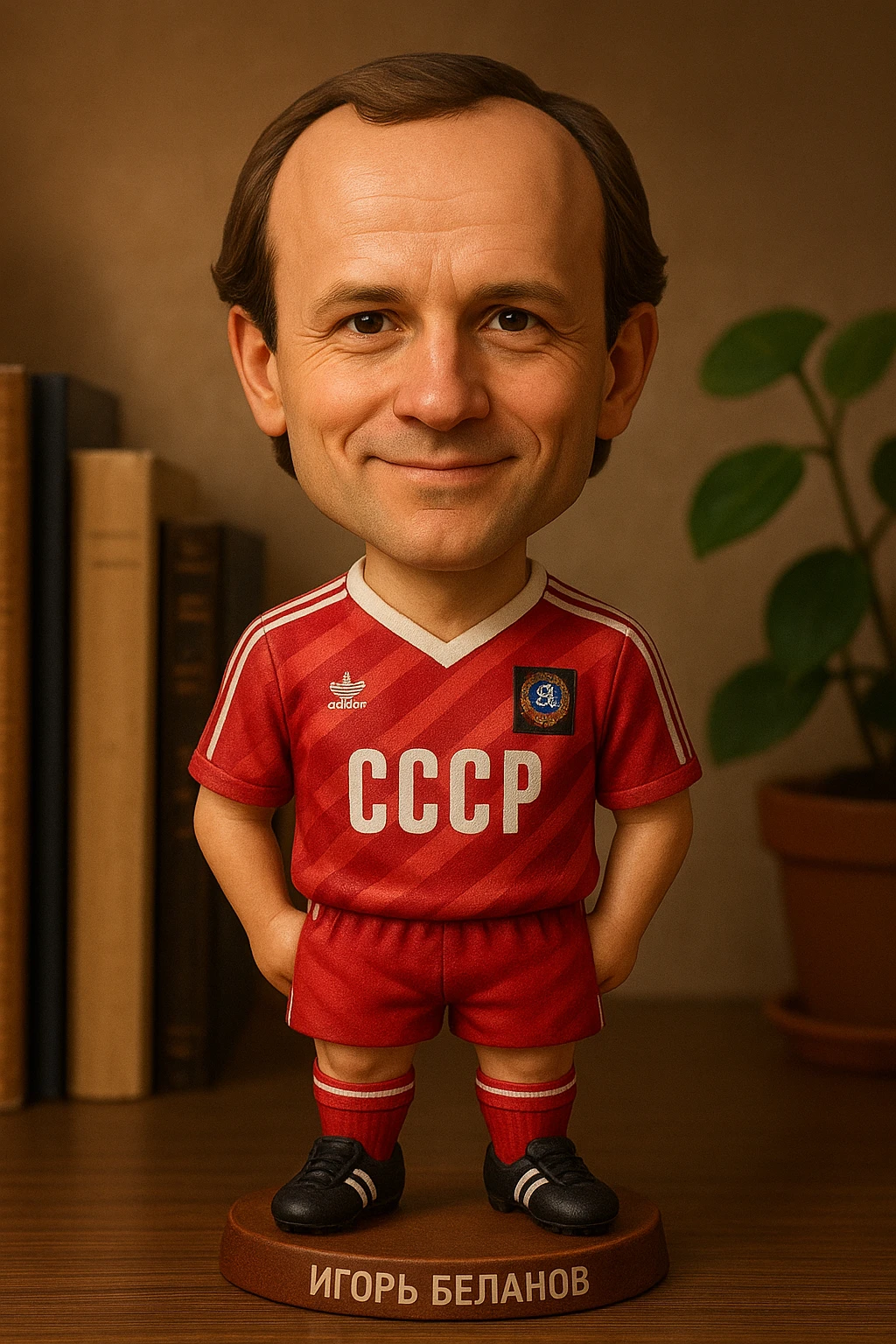 Игорь Беланов в форме сборной СССР 1986 года смотрит на прямо на зрителя и слегка улыбается, освещение с левой верхней стороны кадра emoji
