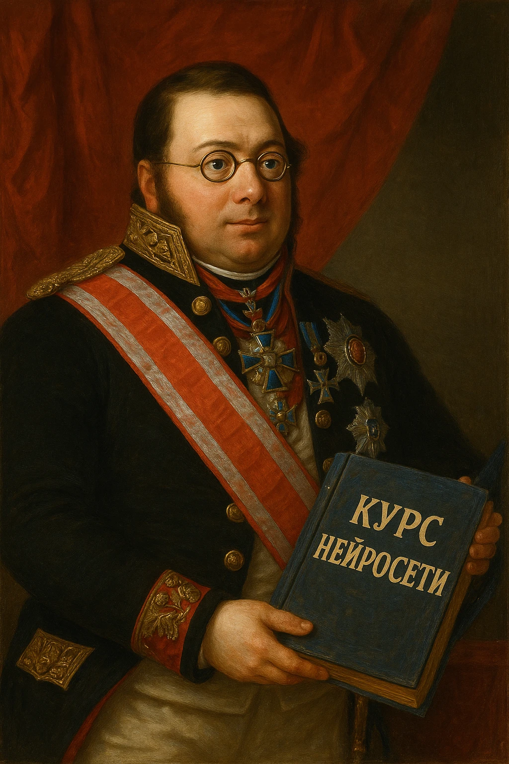 Павел Николаевич Демидов держит в руках книгу на которой написано Курс Нейросети рисованный стиль emoji