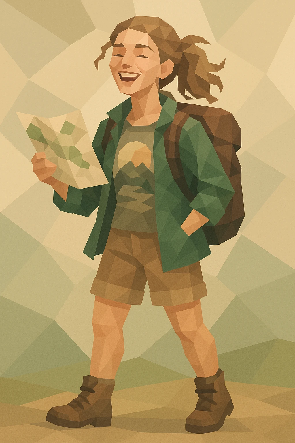 Free-spirited female adventurer, Caucasian, wavy light brown hair tied loosely, wide open smile, wearing a forest green jacket over a graphic tee, holding a map in one hand, with a backpack, full-body view emoji