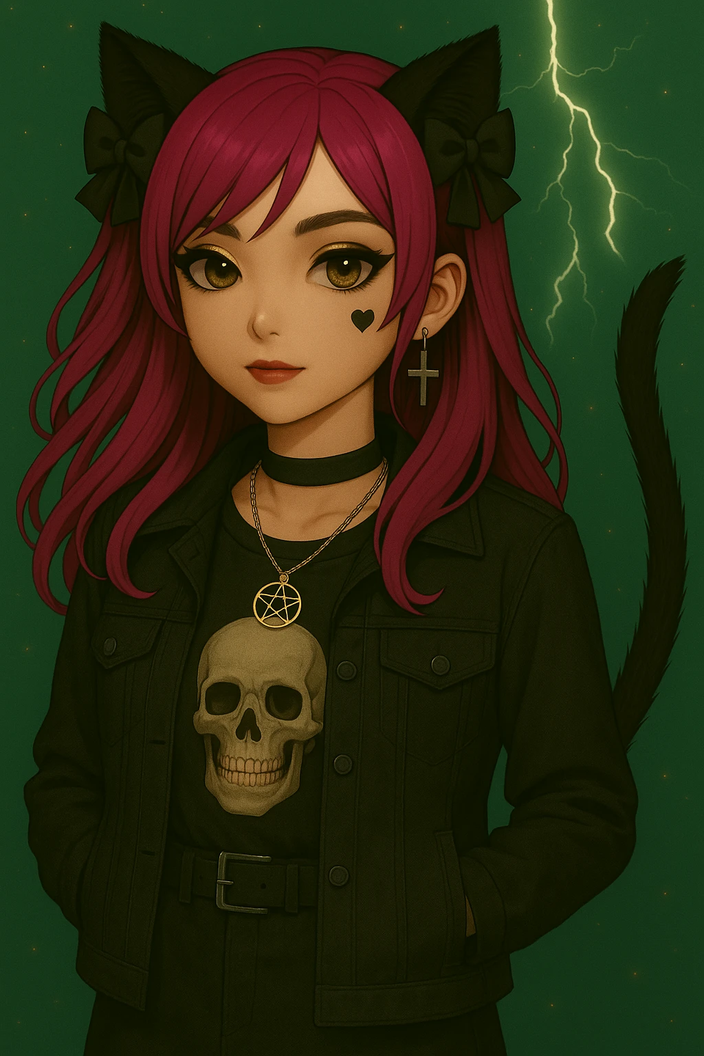 Make the character's head smaller in proportion to her body while keeping the bold makeup, heart tattoo, modern streetwear outfit, emo style, pink hair, dark magical accessory, sparkles, stormy background, and normal face. Render in a realistic anime style. emoji