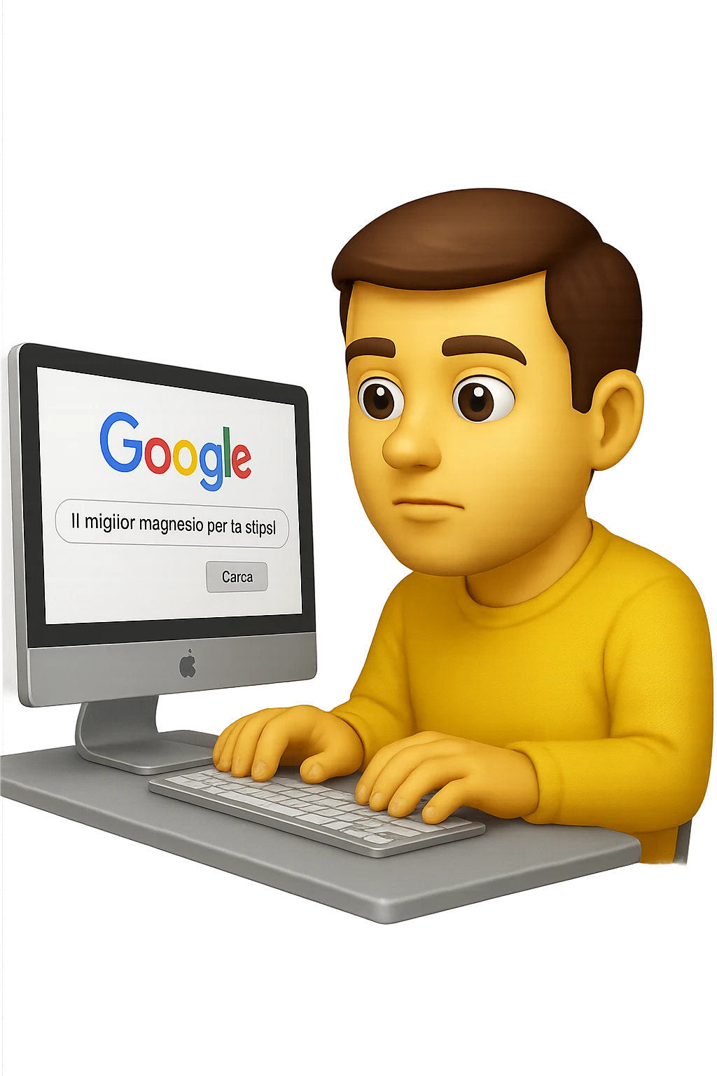 emoji stile iphone di un uomo davanti al pc che cerca di google: "Il miglior magnesio per la stipsi", iperrealistico 4k emoji