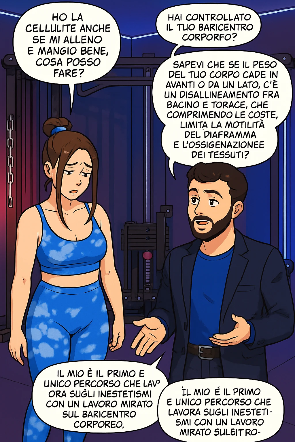 TRASFORMA QUESTO CAROSELLO IN UN FUMETTO STILE WEBTOON/MANGA A COLORI CON QUESTE DUE PERSONE IDENTICHE CHE INTERLOQUISCONO TRA LORO:

LEI: Ho la cellulite anche se mi alleno e mangio bene, cosa posso fare?

LUI: Hai controllato il tuo baricentro corporeo?
LUI: Sapevi che se il peso del tuo corpo cade in avanti o da un lato, c’è un disallineamento fra bacino e torace, che comprimendo le coste, limita la motilità del diaframma e l’ossigenazione dei tessuti?
LUI: Il mio è il primo e unico percorso che lavora sugli inestetismi con un lavoro mirato sul baricentro corporeo. emoji