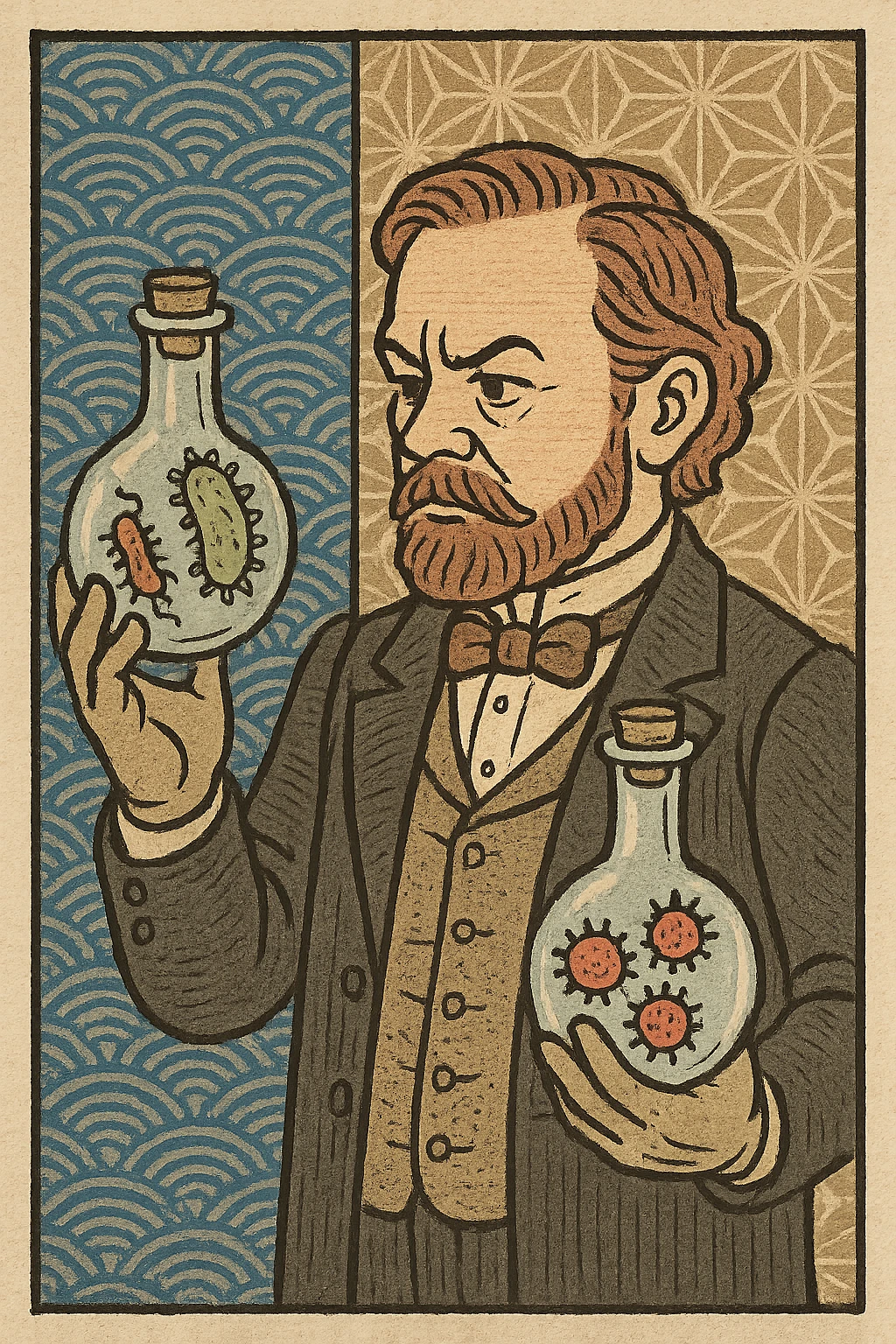 a victorian scientist with two sterile bottles with germs inside emoji