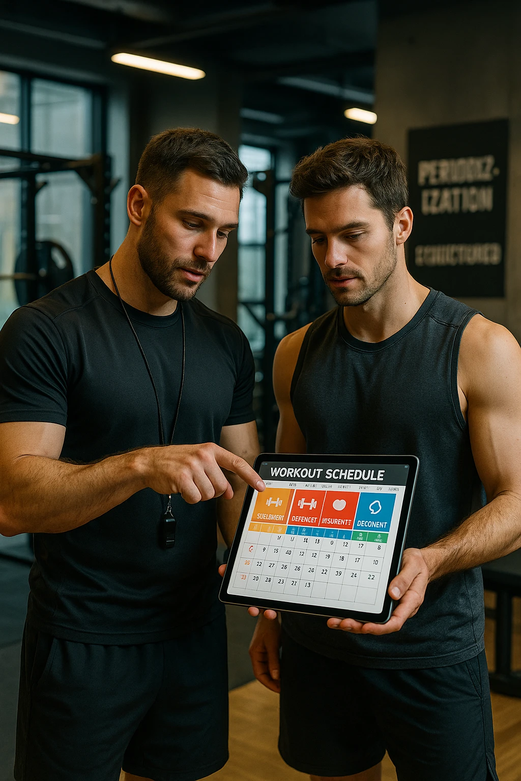 realistic cinematic photo a personal trainer and a client stand in a ...