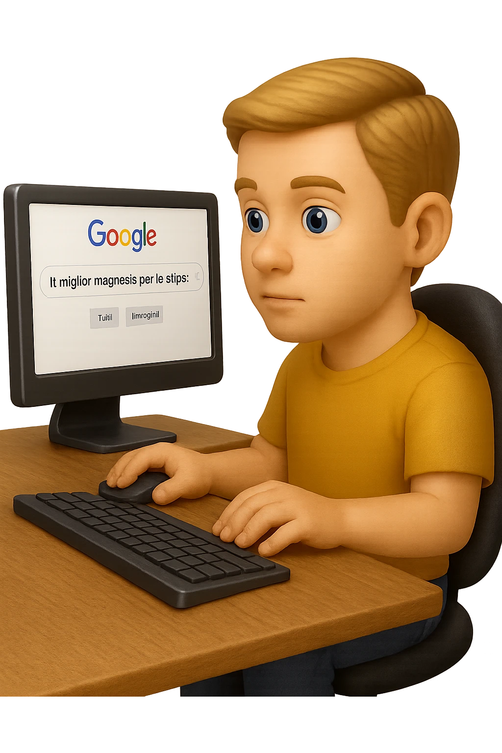 emoji stile iphone di un uomo davanti al pc che cerca di google: "Il miglior magnesio per la stipsi", iperrealistico 4k emoji