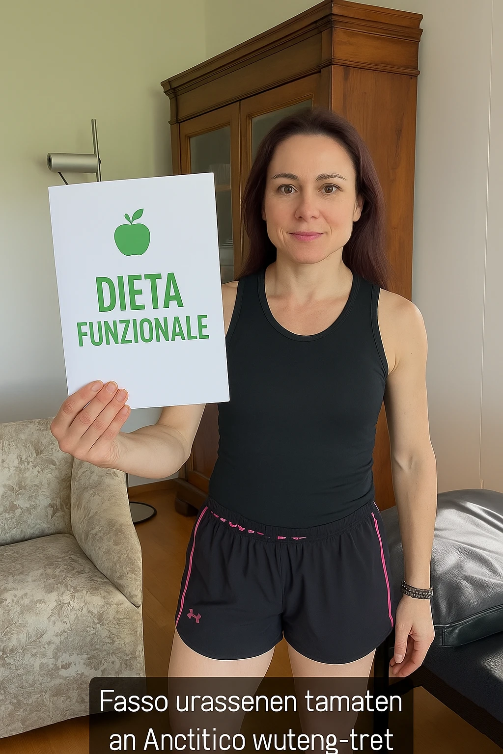 Donna con in mano una dieta con scritto "Dieta Funzionale" emoji