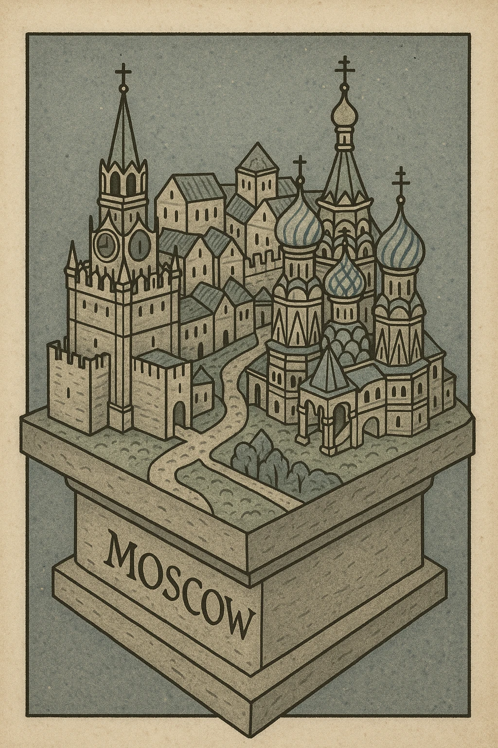 Изометричная миниатюрная 3D модель Москвы на подставке - фотореалистичный Кремль, собор Василия Блаженного, Сити, аккуратная детализация, яркие цвета мультяшный реализм, компактная композиция,  вид сверху в изометрии emoji