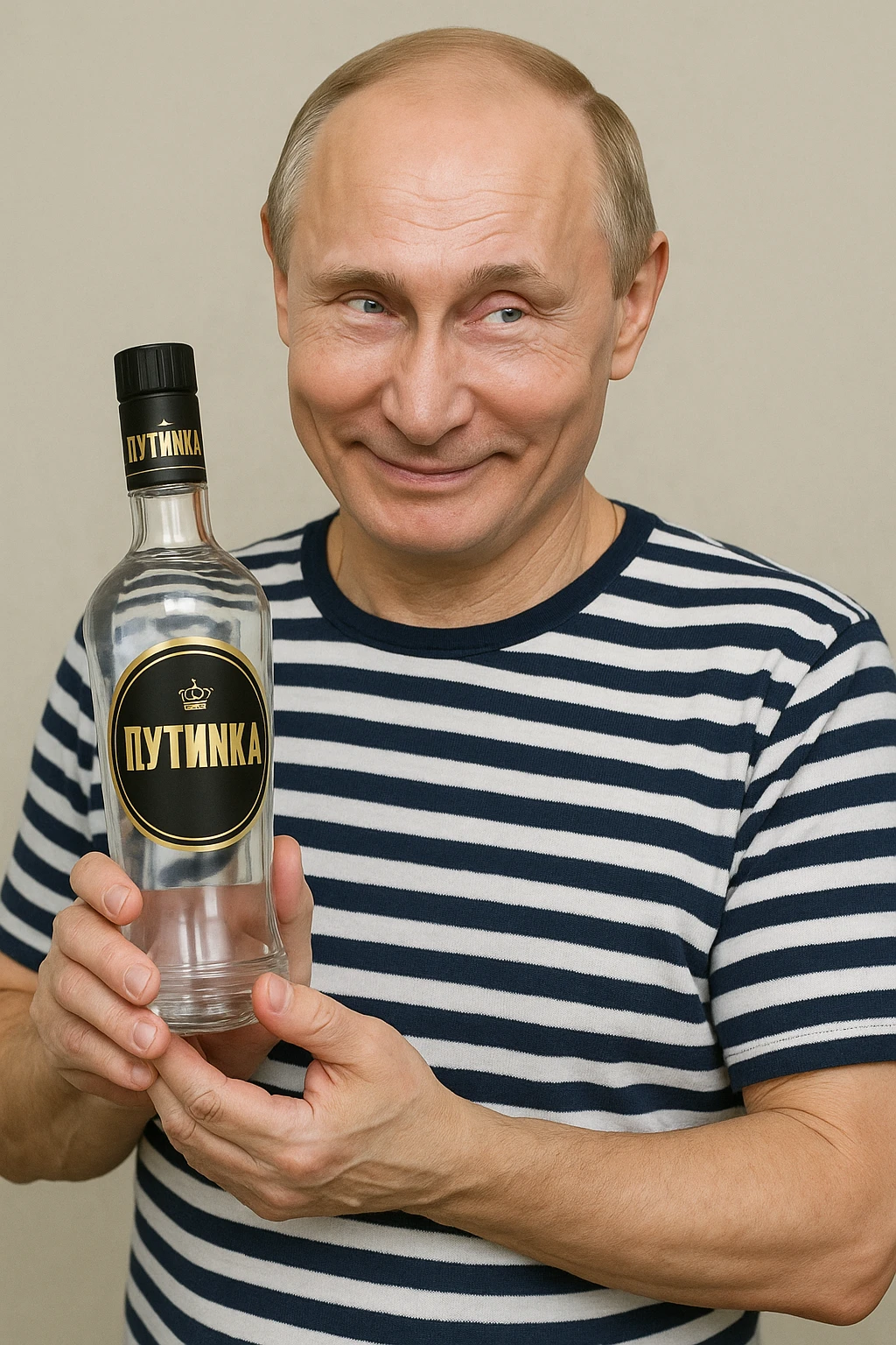 Сгенерируй мне как владимир путин в тельняжке держит эту водку, и на ней прям написанно только Путинка, другой текст убери. Он не должен касаться краев изображения и полностью помещаться в экран, а так же хитро улыбаться emoji