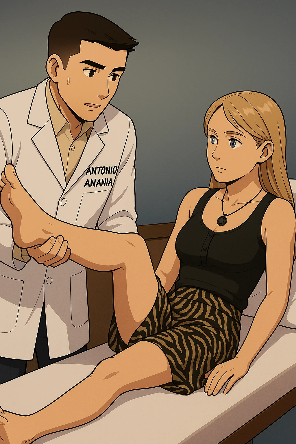 fai un webtoon/manga a colori con questo kinesiologo in camice bianco (fagli la scritta "ANTONIO ANANIA" SUL CAMICE) CHE SVOLGE UN TEST NEUROMUSCOLARE SOLLEVANDO UNA GAMBA ALLA RAGAZZA CHE è STESA SU UN LETTINO BIANCO. STANZA SEMPLICE E MODERNA, DURANTE IL TEST I DUE DIALOGANO TRA LORO. NON FARE I FUMETTI, FAI SOLO LORO COME SE DIALOGASSERO emoji