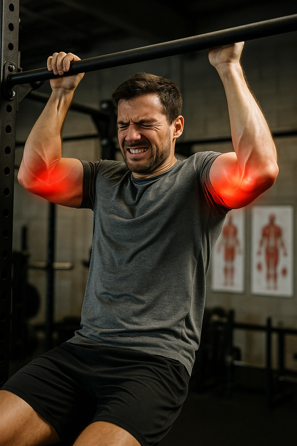 a man in athletic wear esegue una trazione alla sbarra in palestra. I suoi gomiti sono evidenziati con un alone rosso acceso o un effetto glow, indicando infiammazione. Un’espressione di dolore è visibile sul suo volto. Sullo sfondo, attrezzi da palestra e poster anatomici. L’atmosfera è educativa e realistica. emoji