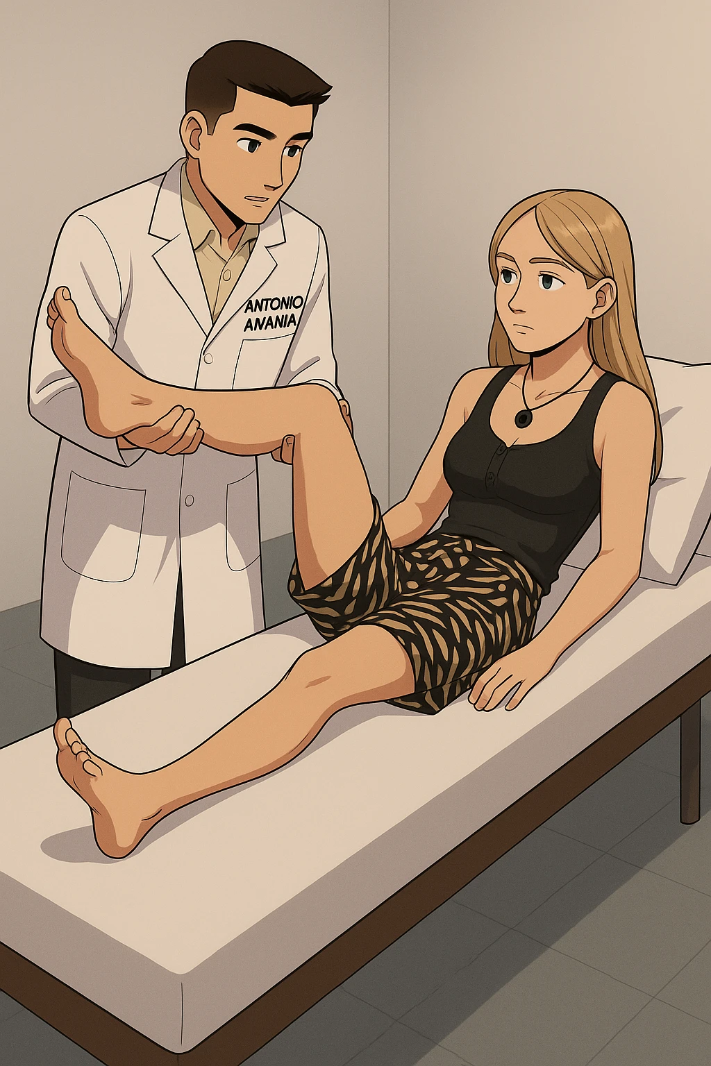 fai un webtoon/manga a colori con questo kinesiologo in camice bianco (fagli la scritta "ANTONIO ANANIA" SUL CAMICE) CHE SVOLGE UN TEST NEUROMUSCOLARE SOLLEVANDO UNA GAMBA ALLA RAGAZZA CHE è STESA SU UN LETTINO BIANCO. STANZA SEMPLICE E MODERNA, DURANTE IL TEST I DUE DIALOGANO TRA LORO. NON FARE I FUMETTI, FAI SOLO LORO COME SE DIALOGASSERO emoji