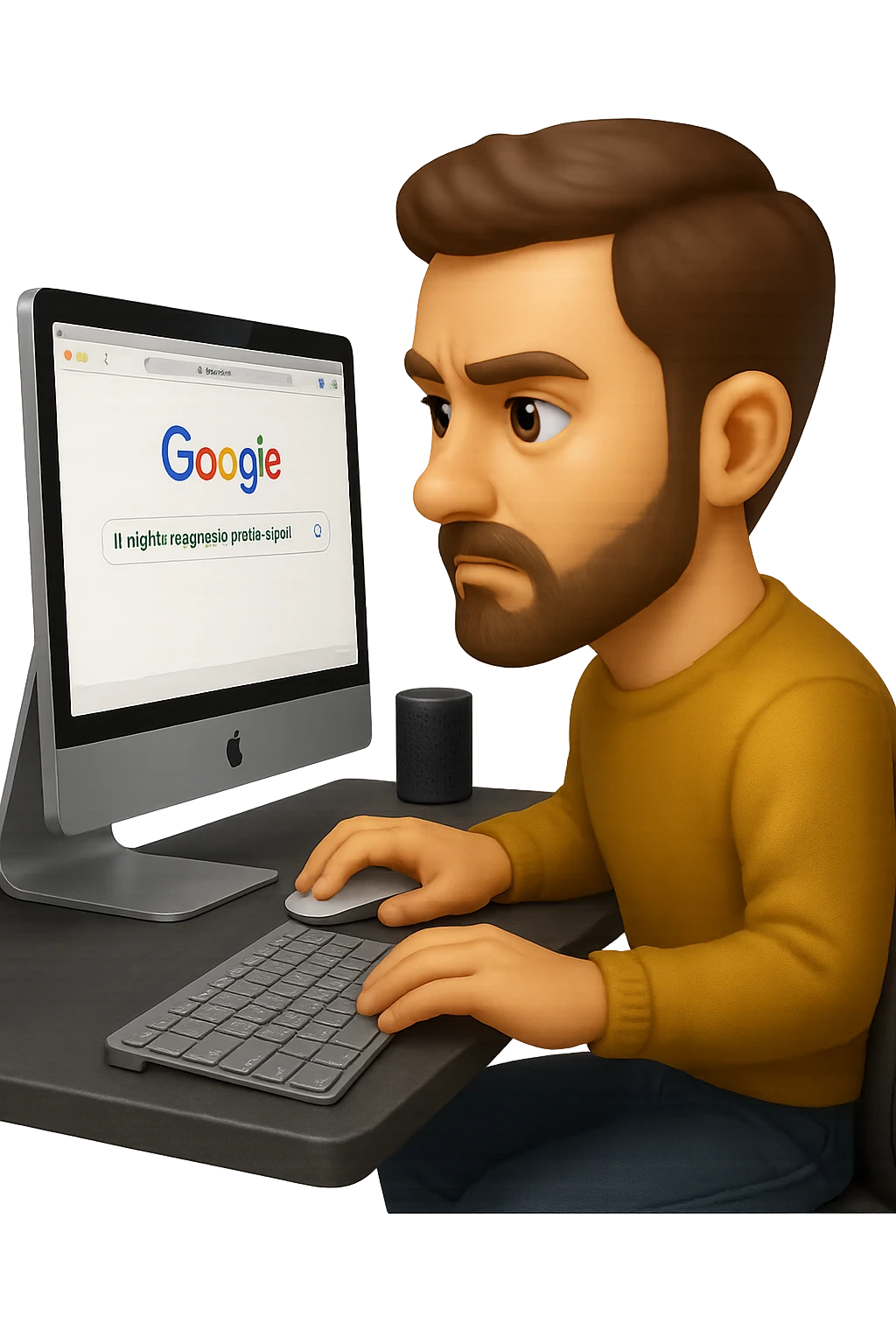 emoji stile iphone di un uomo davanti al pc che cerca di google: "Il miglior magnesio per la stipsi", iperrealistico 4k emoji
