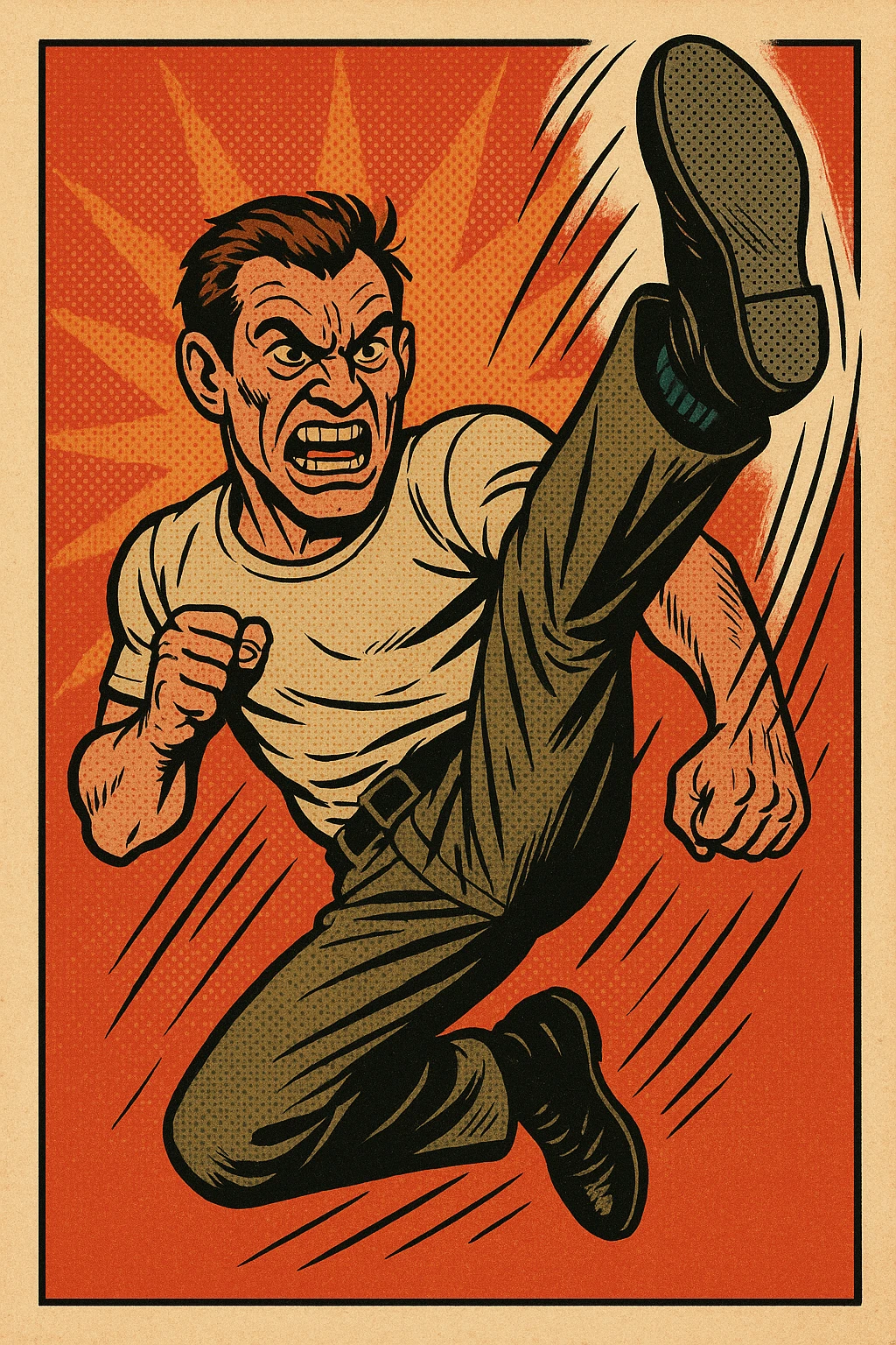 nasty-looking face performing a high ball kick, dynamic pose, intense ...